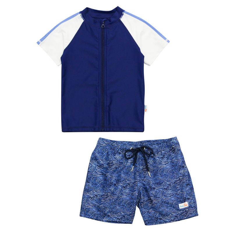 Boys Short Sleeve Zipper Rash Guard and Swim Trunk Set | "Ocean Breeze"-6-12 Month-Ocean Breeze-SwimZip UPF 50+ Sun Protective Swimwear & UV Zipper Rash Guards-pos1