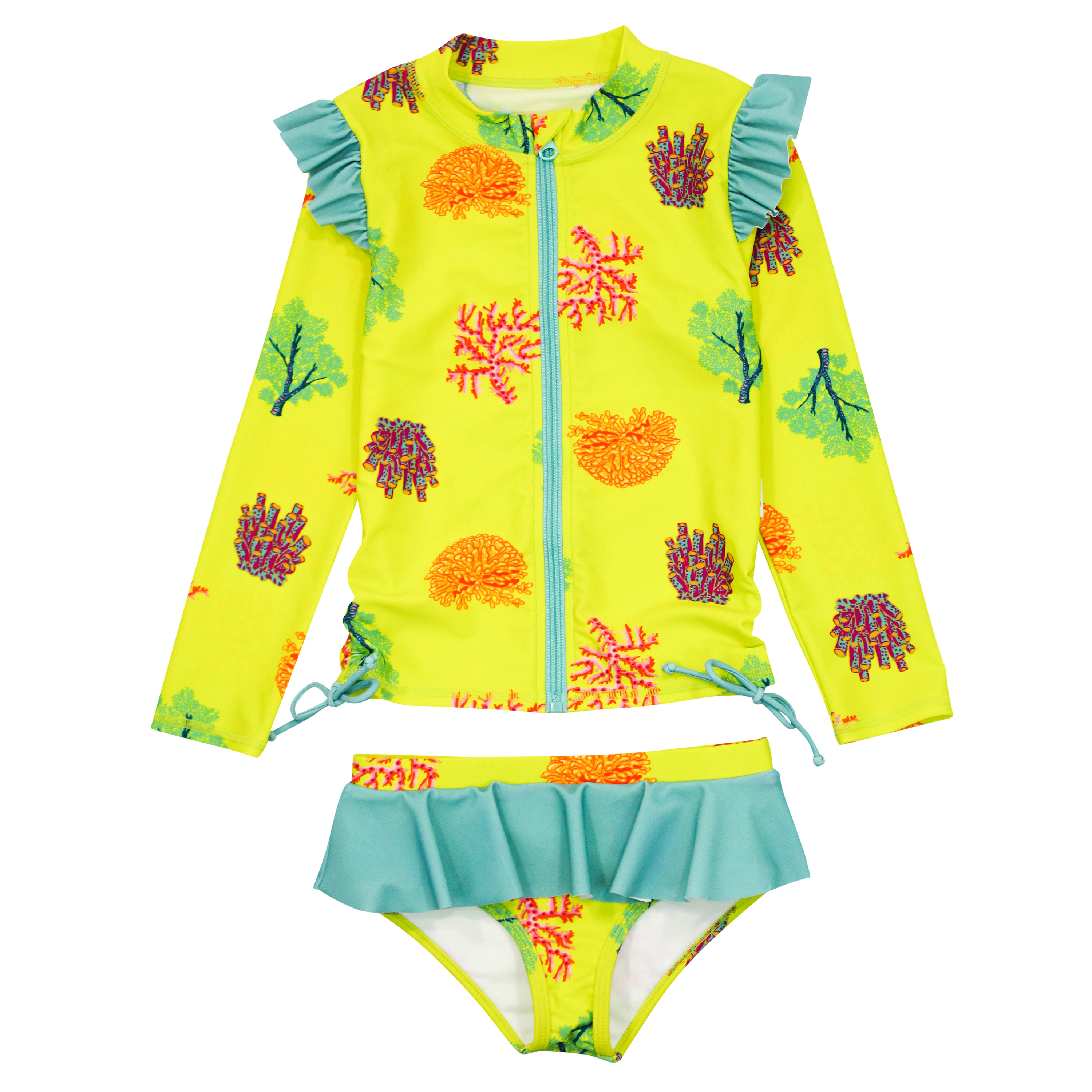 Girls Long Sleeve Rash Guard Ruffle Bottom Swimsuit Set (2 Piece) | "Coral"-6-12 Month-Coral-SwimZip UPF 50+ Sun Protective Swimwear & UV Zipper Rash Guards-pos1