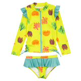 Girls Long Sleeve Rash Guard Ruffle Bottom Swimsuit Set (2 Piece) | "Coral"-6-12 Month-Coral-SwimZip UPF 50+ Sun Protective Swimwear & UV Zipper Rash Guards-pos1