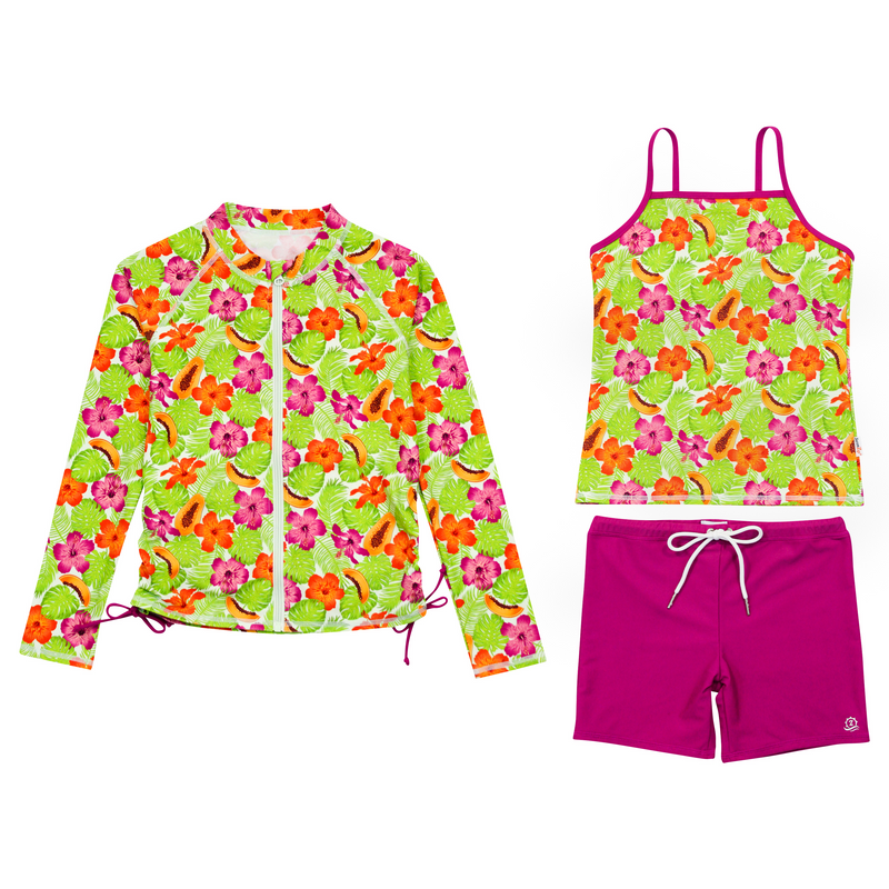 Girls Long Sleeve Rash Guard + Tankini Shorts Set (3 Piece) | "Hibiscus"-6-12 Month-Hibiscus-SwimZip UPF 50+ Sun Protective Swimwear & UV Zipper Rash Guards-pos1