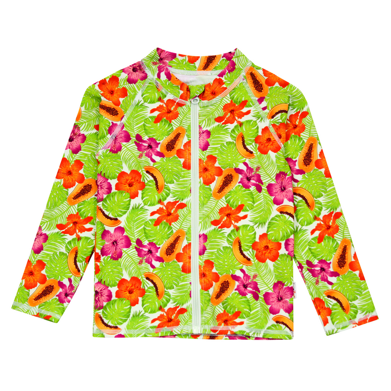 Kids UPF 50+ Long Sleeve Zipper Rash Guard Swim Shirt | "Hibiscus"-6-12 Month-Hibiscus-SwimZip UPF 50+ Sun Protective Swimwear & UV Zipper Rash Guards-pos1