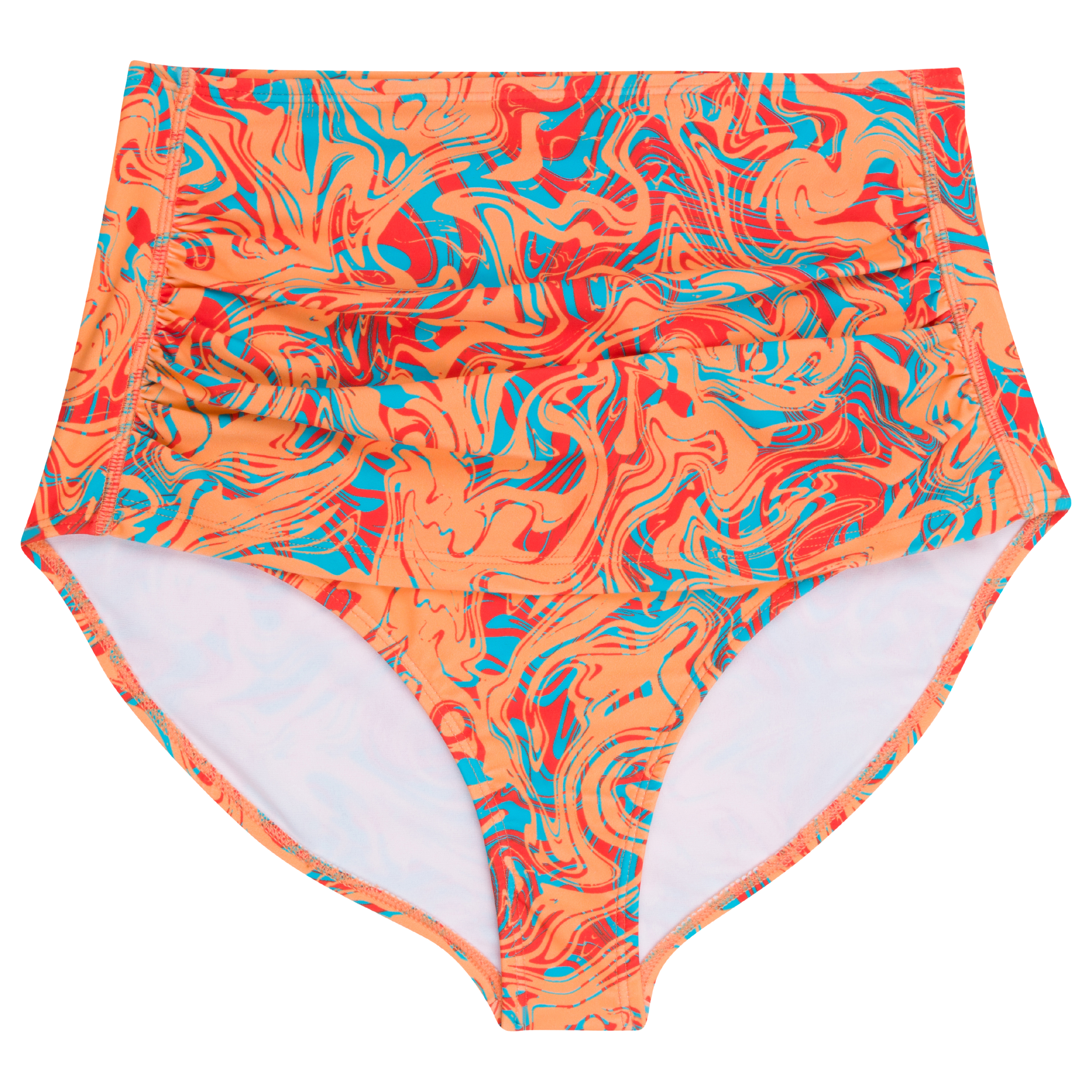 Coral High-Waisted Ruched Bikini Bottoms
