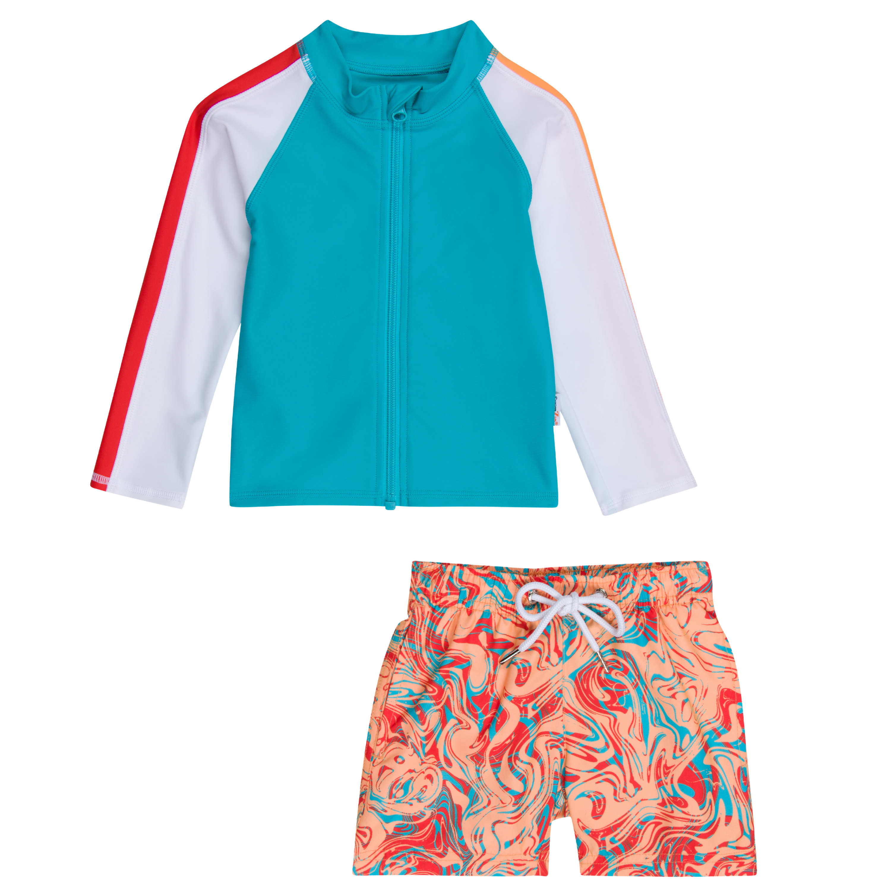 Boys Long Sleeve Zipper Rash Guard and Swim Trunk Set | "Swirl"-6-12 Month-Swirl-SwimZip UPF 50+ Sun Protective Swimwear & UV Zipper Rash Guards-pos1