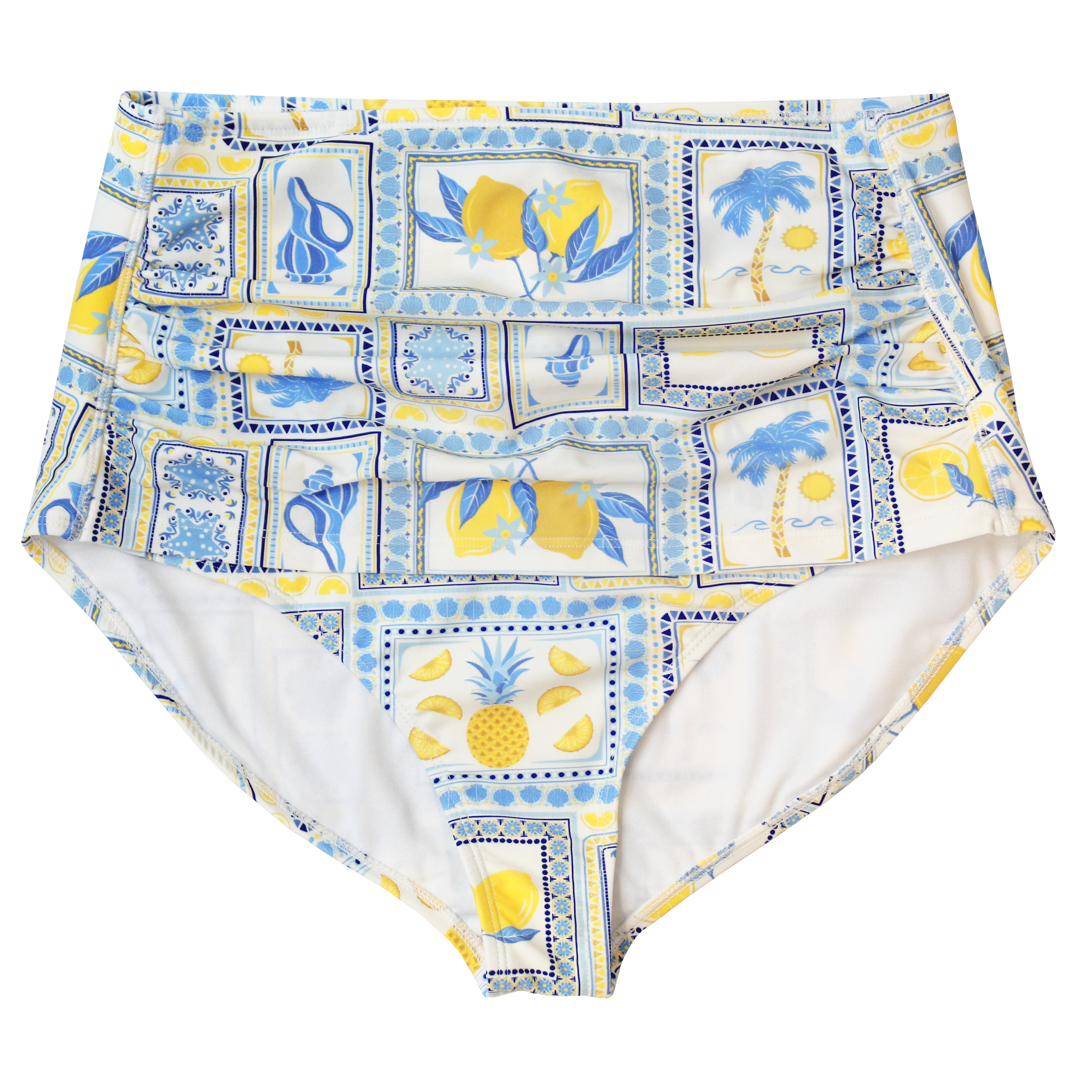 Women's High Waist Bikini Bottoms Ruched | "Mediterranean Lemons"-XS-Mediterranean Lemons-SwimZip UPF 50+ Sun Protective Swimwear & UV Zipper Rash Guards-pos1