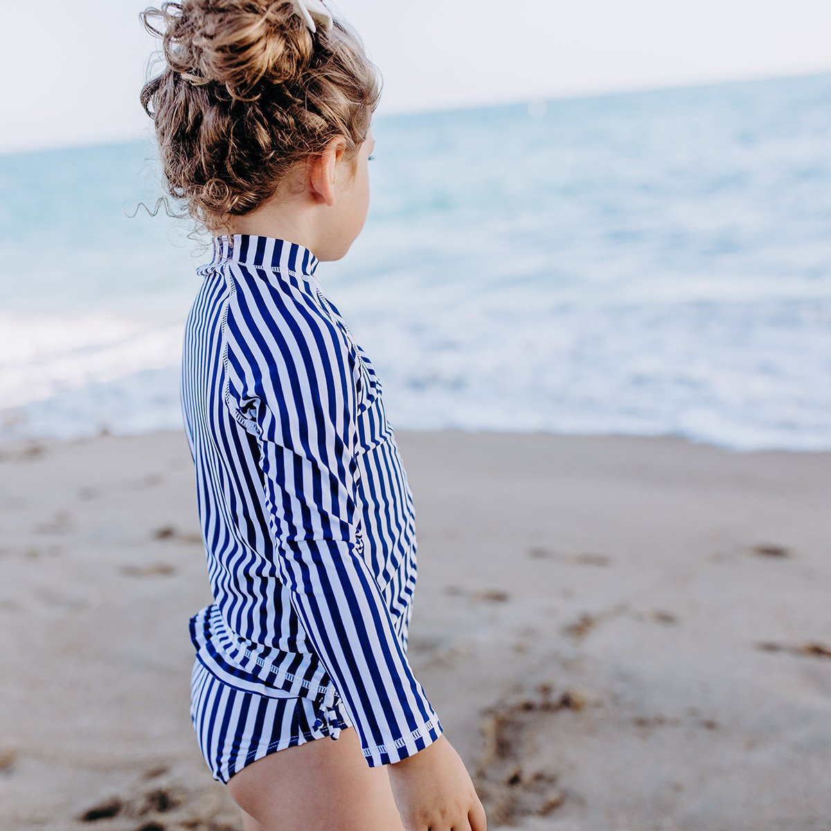 Girls Long Sleeve Rash Guard - “Mini Navy Stripe”-SwimZip UPF 50+ Sun Protective Swimwear & UV Zipper Rash Guards-pos4
