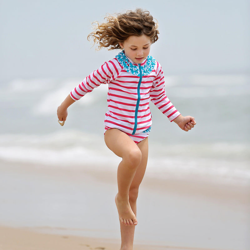 Girls Long Sleeve Rash Guard Ruffle Swimsuit Set (2 Piece) - "Splish Splash"-SwimZip UPF 50+ Sun Protective Swimwear & UV Zipper Rash Guards-pos2