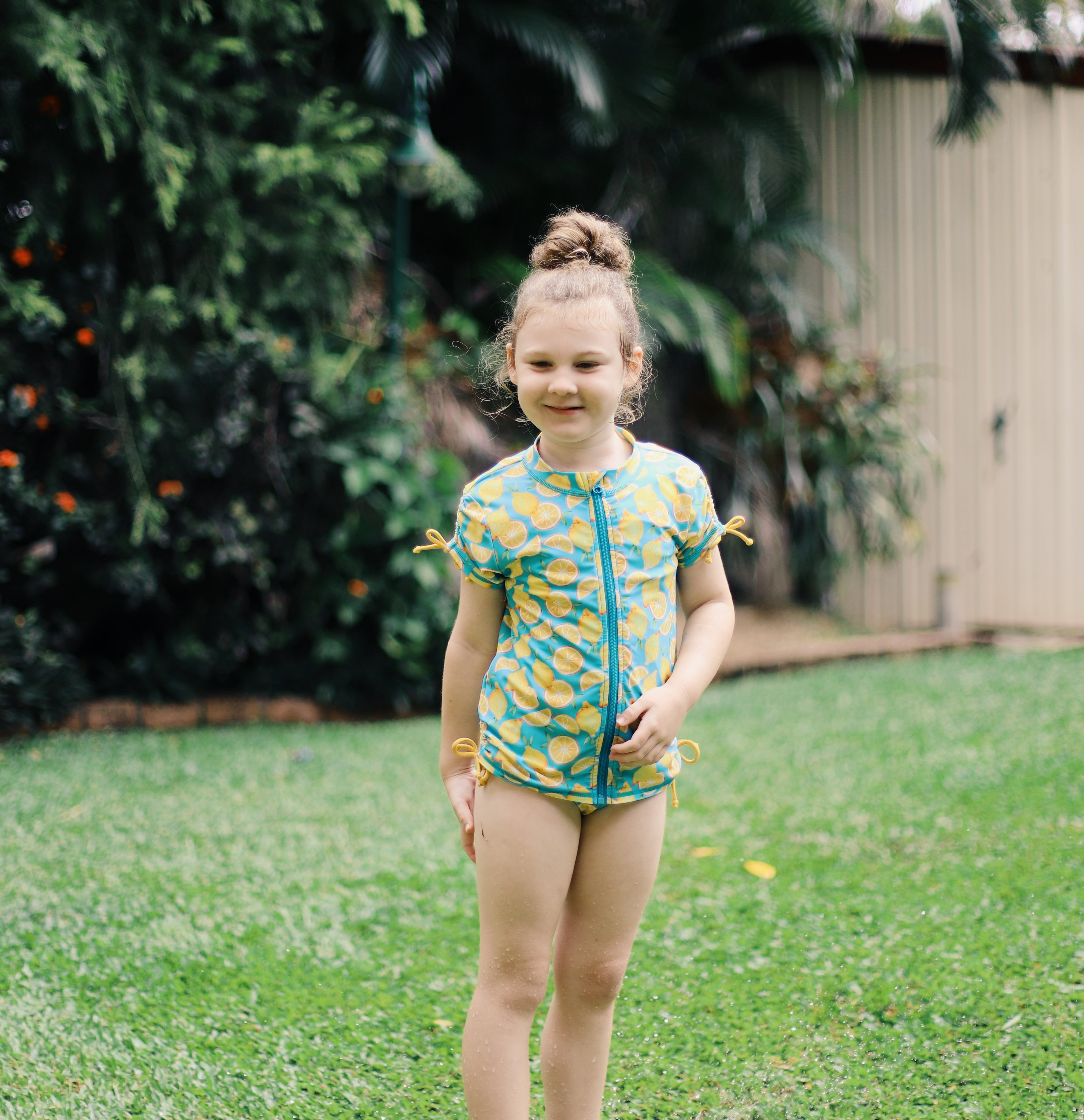 Girls Short Sleeve Rash Guard + Tankini Bikini Set (3 Piece) | "Lemons”-SwimZip UPF 50+ Sun Protective Swimwear & UV Zipper Rash Guards-pos2