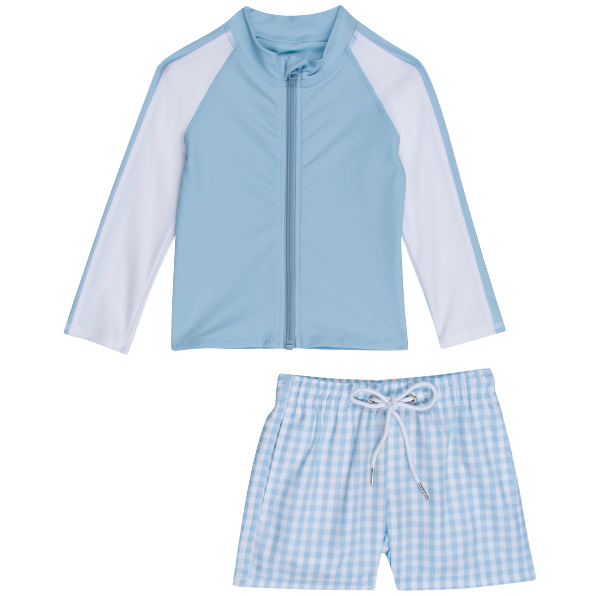 Boys Long Sleeve Zipper Rash Guard and Swim Trunk Set "Blue Gingham"