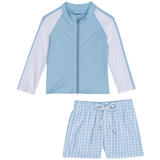Boys Long Sleeve Zipper Rash Guard and Swim Trunk Set | "Blue Gingham"-0-3 Month-Blue Gingham-SwimZip UPF 50+ Sun Protective Swimwear & UV Zipper Rash Guards-pos1