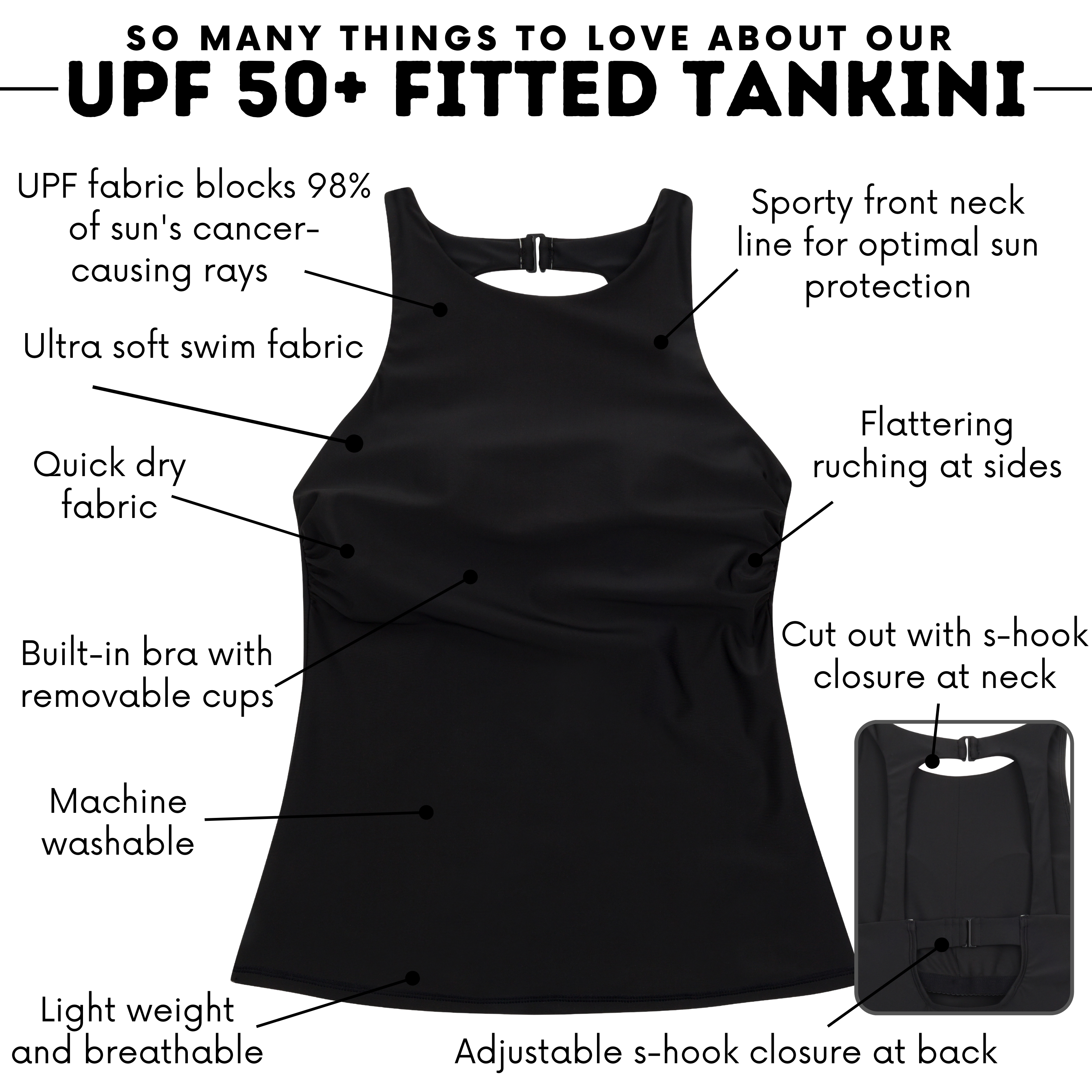 Women’s High Neck Fitted Tankini Top | “Black”-SwimZip UPF 50+ Sun Protective Swimwear & UV Zipper Rash Guards-pos4
