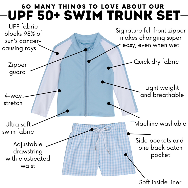 Boys Long Sleeve Zipper Rash Guard and Swim Trunk Set | "Blue Gingham"-SwimZip UPF 50+ Sun Protective Swimwear & UV Zipper Rash Guards-pos4