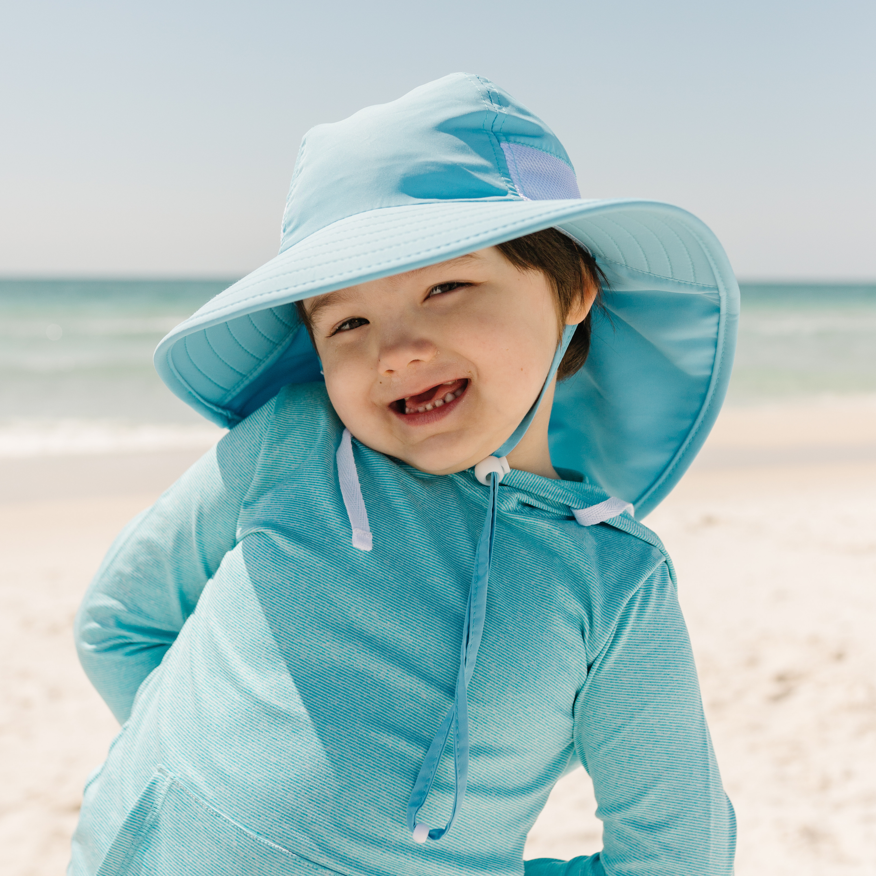 Kids Wide Brim + Flap Neck Sun Protective Adventure Hat - Aqua Sky