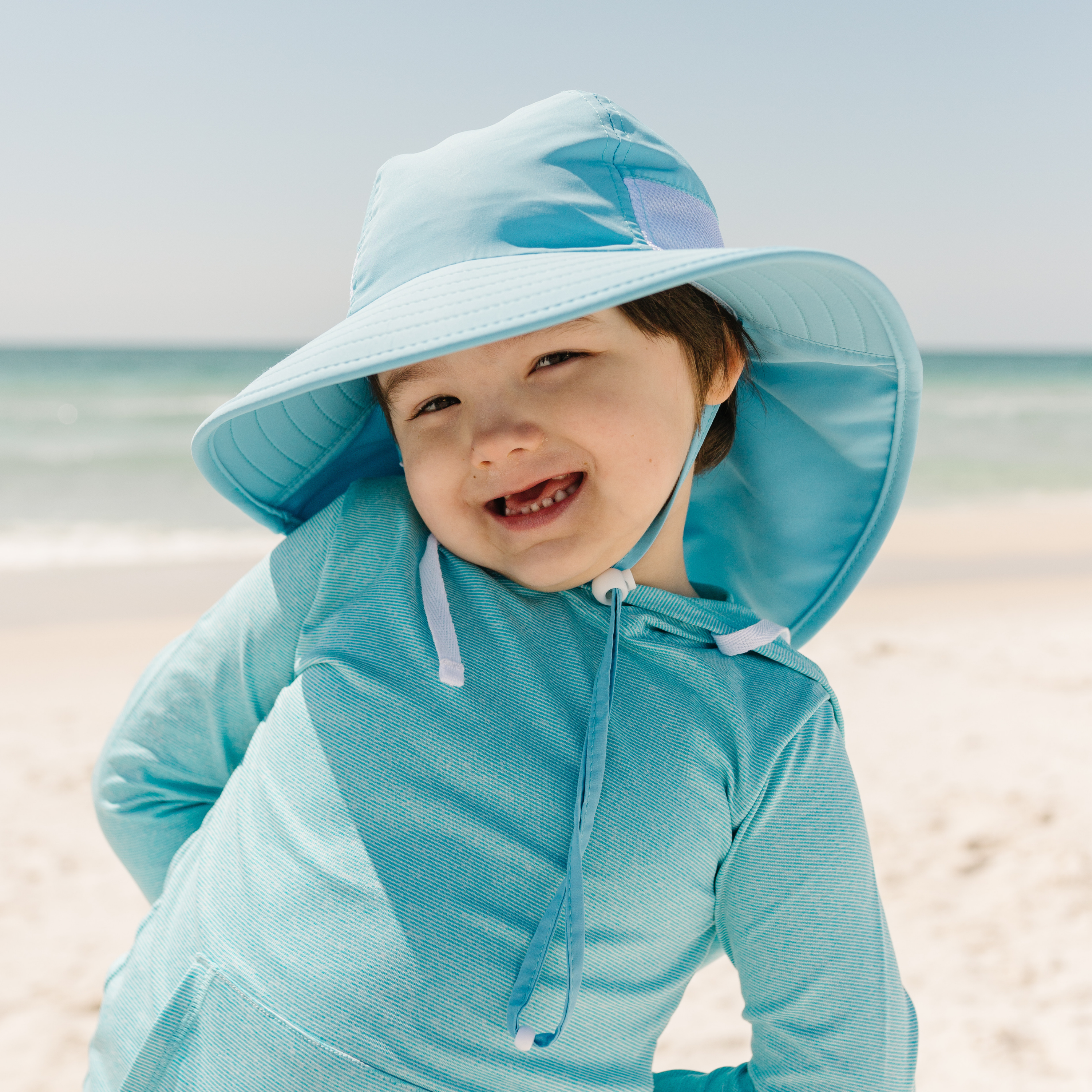 Kids Wide Brim Flap Neck Sun Protective Adventure Hat Aqua Sky