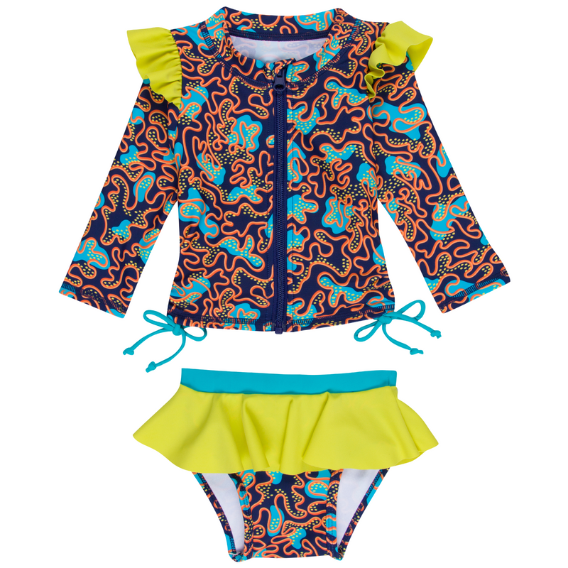 Girls Long Sleeve Rash Guard Ruffle Bottom Swimsuit Set (2 Piece) | "Deep Dive"-SwimZip UPF 50+ Sun Protective Swimwear & UV Zipper Rash Guards-pos1