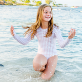Girls Long Sleeve Surf Suit (One Piece Bodysuit) | "Pink Gingham"-SwimZip UPF 50+ Sun Protective Swimwear & UV Zipper Rash Guards-pos2