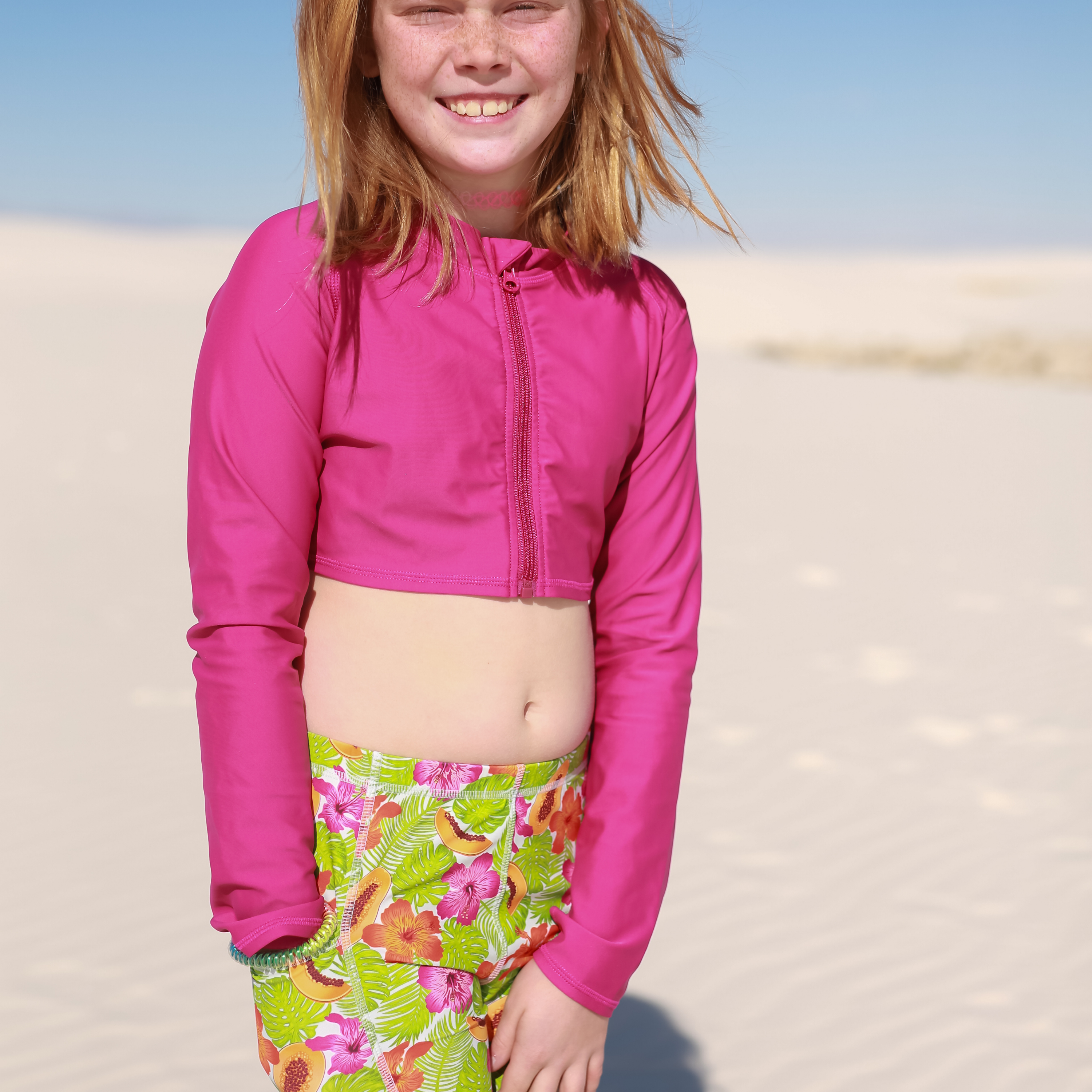 Girls Long Sleeve Crop Rash Guard | "Fuchsia”-SwimZip UPF 50+ Sun Protective Swimwear & UV Zipper Rash Guards-pos2