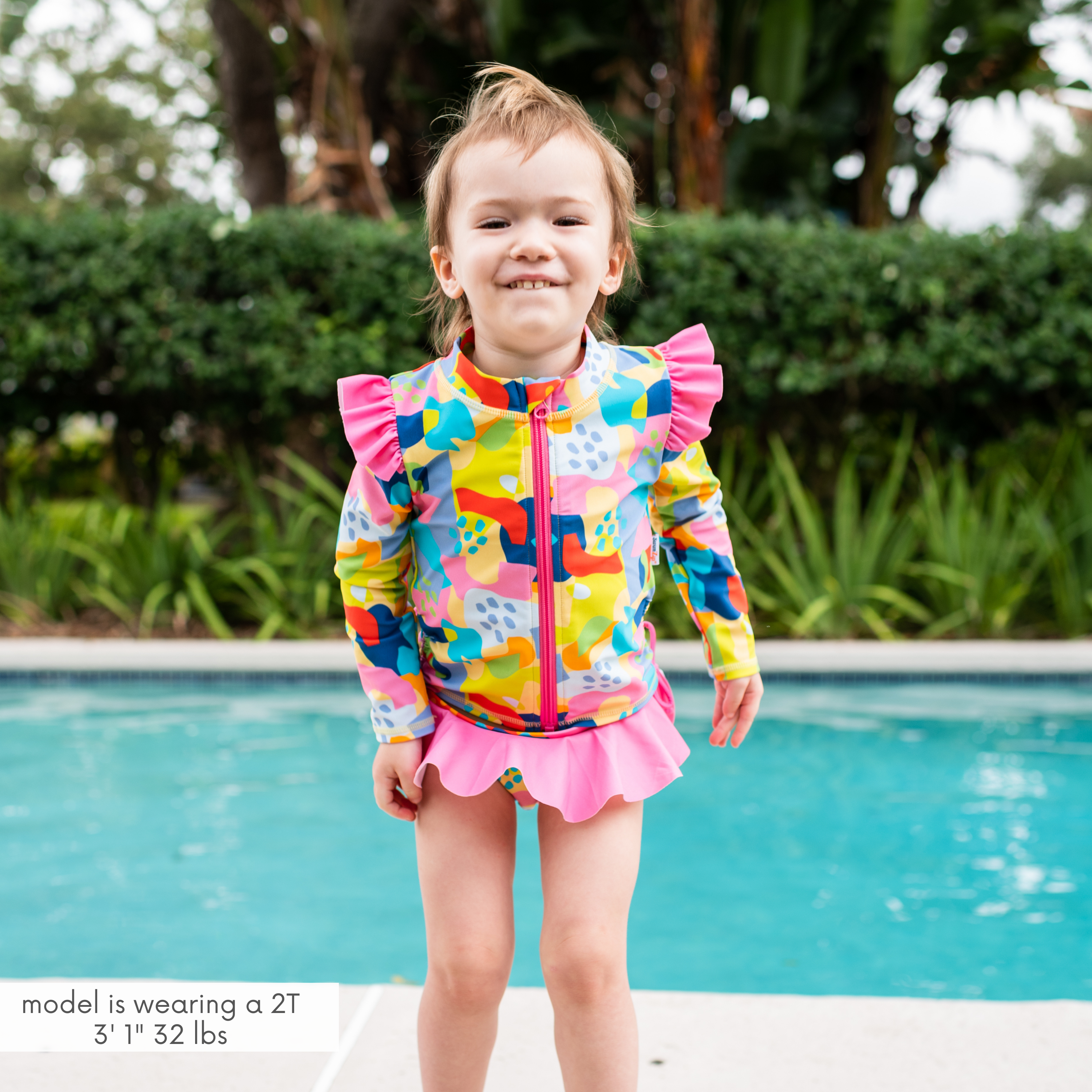 Girls Long Sleeve Rash Guard Ruffle Bottom Swimsuit Set (2 Piece) | "Joyful"-SwimZip UPF 50+ Sun Protective Swimwear & UV Zipper Rash Guards-pos2