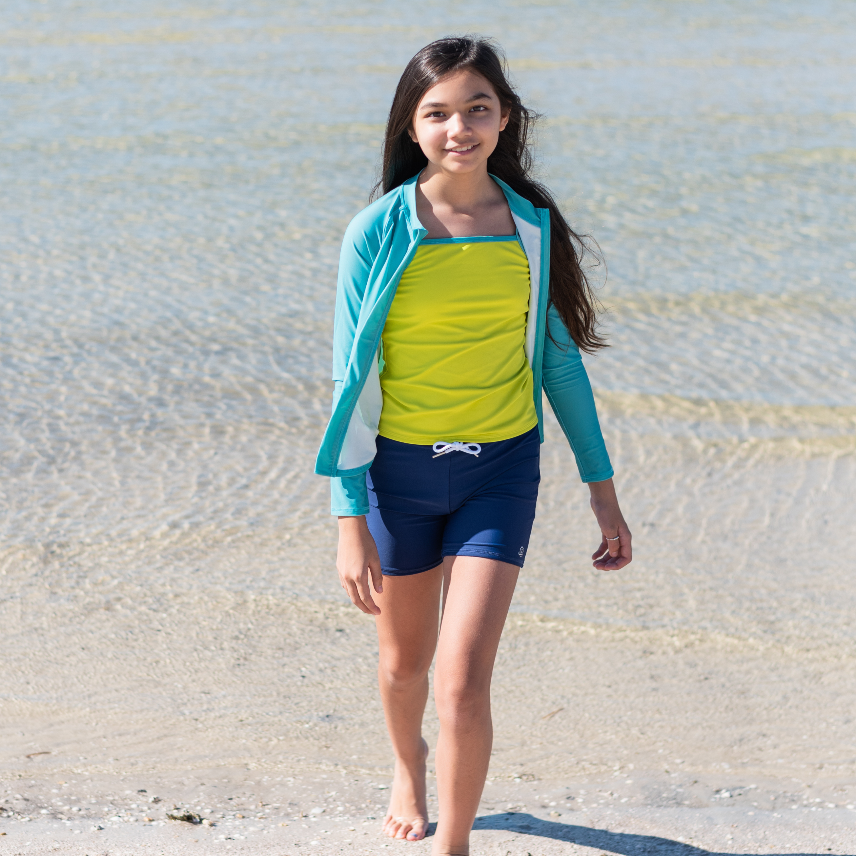 Girls Long Sleeve Rash Guard + Tankini Shorts Set (3 Piece) | "Aqua Sea"-SwimZip UPF 50+ Sun Protective Swimwear & UV Zipper Rash Guards-pos2