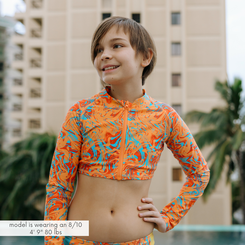 Girls Long Sleeve Crop Rash Guard | "Swirl"-SwimZip UPF 50+ Sun Protective Swimwear & UV Zipper Rash Guards-pos2