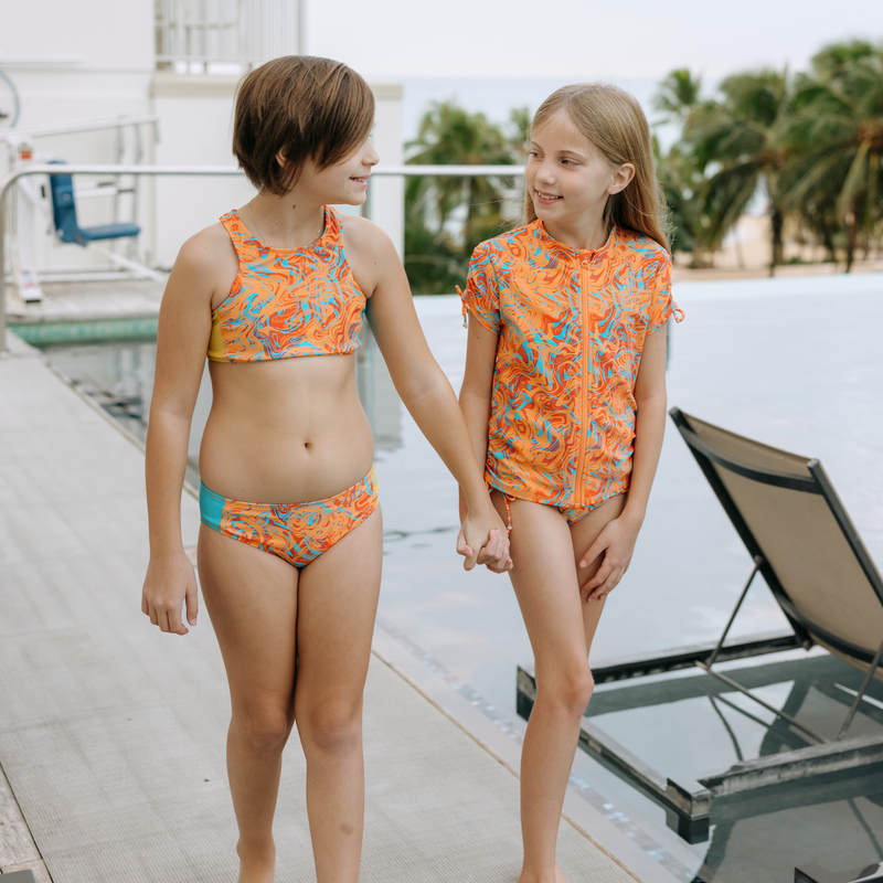 Kids Swimsuits  Girls Leaf Print Ruffled Halter Two Piece Swimsuit – Mia  Belle Girls
