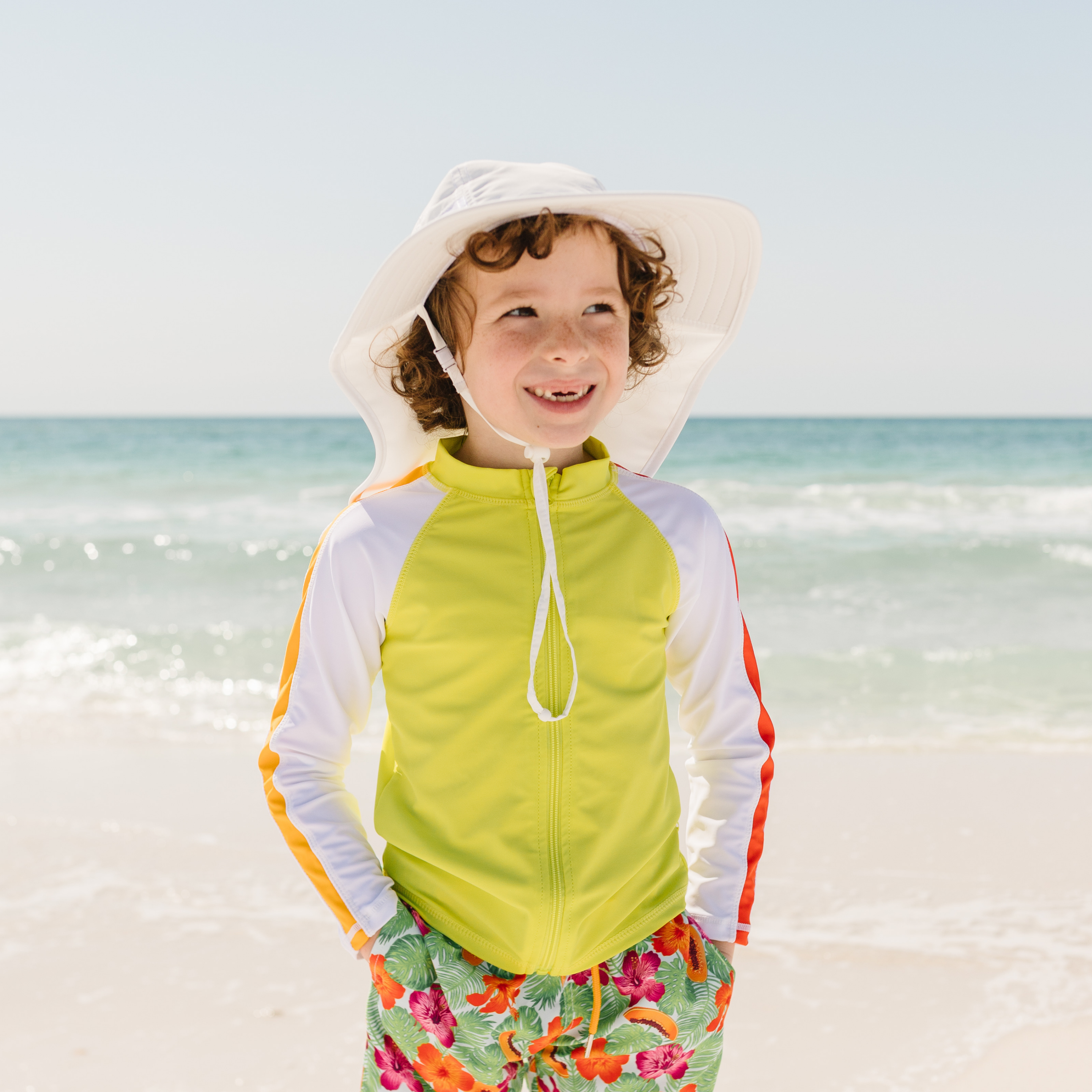 Kids Wide Brim + Flap Neck Sun Protective Adventure Hat - White-SwimZip UPF 50+ Sun Protective Swimwear & UV Zipper Rash Guards-pos2