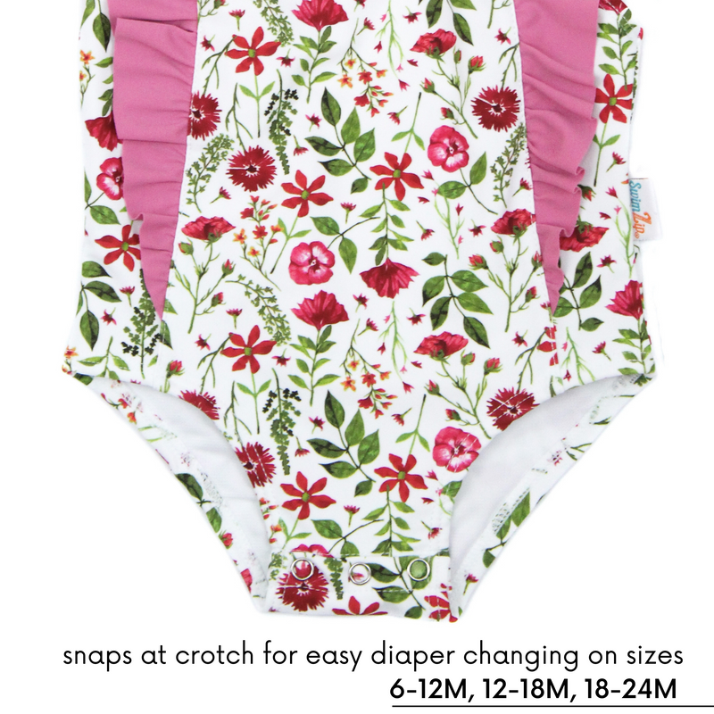 Girls Ruffle One-Piece Swimsuit | "Too Sweet" Floral Garden-SwimZip UPF 50+ Sun Protective Swimwear & UV Zipper Rash Guards-pos4