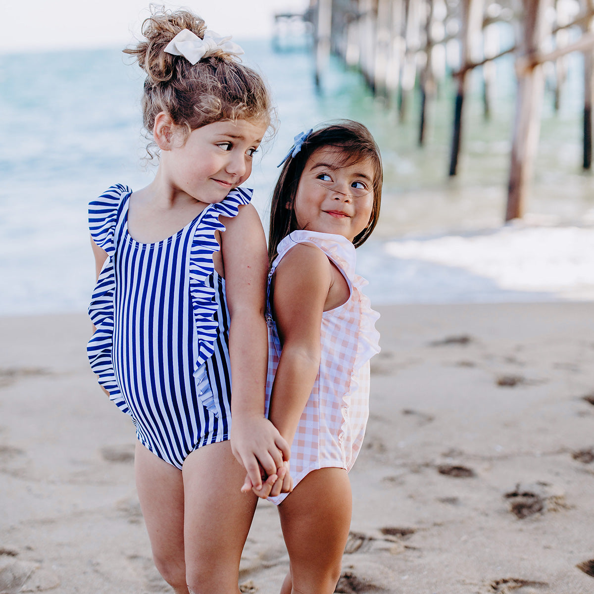 Girls Ruffle One-Piece Swimsuit | "Too Sweet" Mini Navy Stripe-SwimZip UPF 50+ Sun Protective Swimwear & UV Zipper Rash Guards-pos7