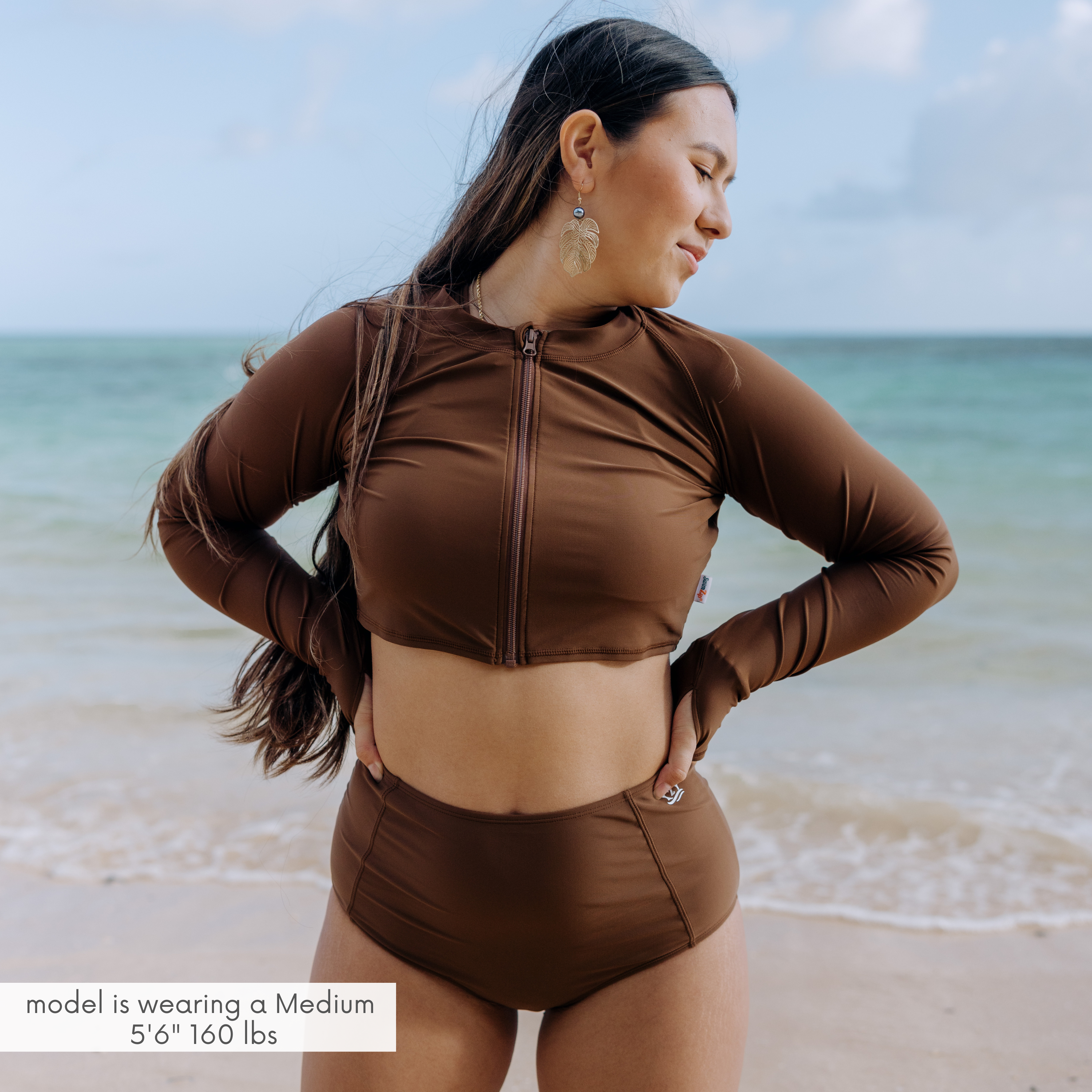 Women's Long Sleeve Crop Rash Guard | “Cold Brew”-SwimZip UPF 50+ Sun Protective Swimwear & UV Zipper Rash Guards-pos3
