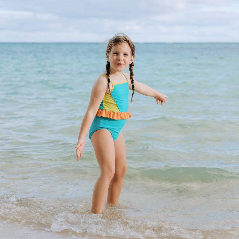 Girls One-Piece Swimsuit + Long Sleeve Rash Guard Set (2 Piece) | "Color Pop"-SwimZip UPF 50+ Sun Protective Swimwear & UV Zipper Rash Guards-pos3