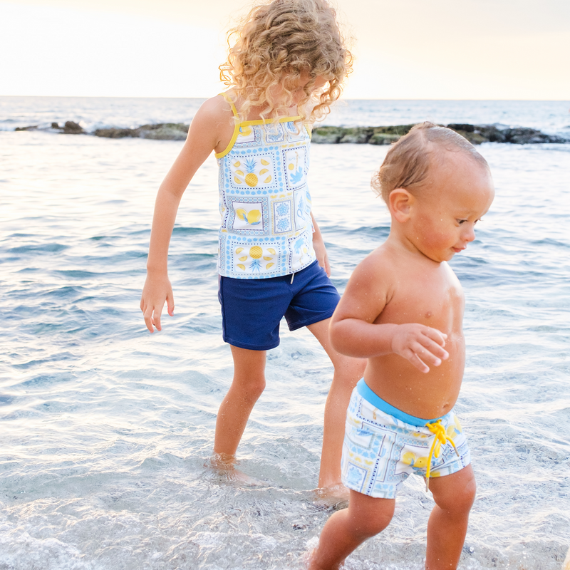 Kids Euro Swim Shorties | "Mediterranean Lemons"-SwimZip UPF 50+ Sun Protective Swimwear & UV Zipper Rash Guards-pos3
