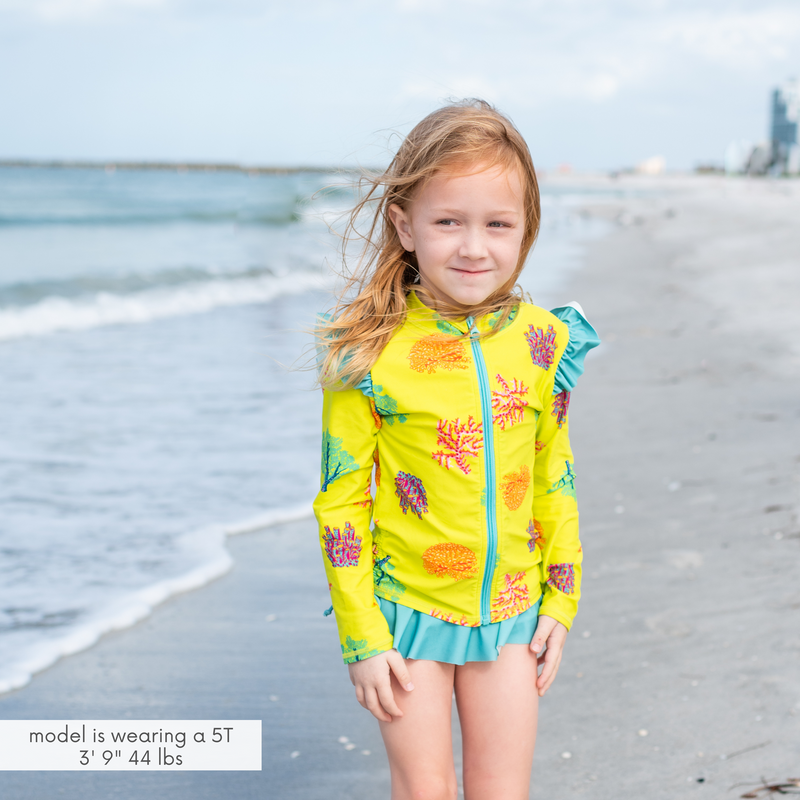 Girls Long Sleeve Rash Guard Ruffle Bottom Swimsuit Set (2 Piece) | "Coral"-SwimZip UPF 50+ Sun Protective Swimwear & UV Zipper Rash Guards-pos3