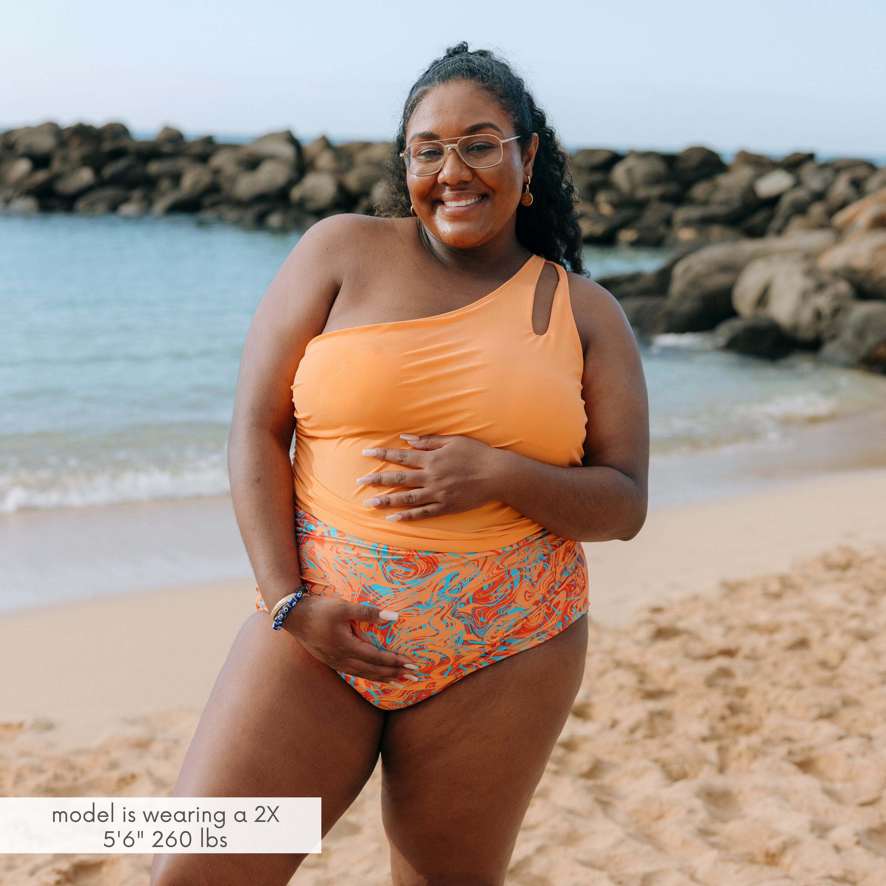 Women’s One Shoulder Crop Tankini Top | “Paradise Orange”-SwimZip UPF 50+ Sun Protective Swimwear & UV Zipper Rash Guards-pos3