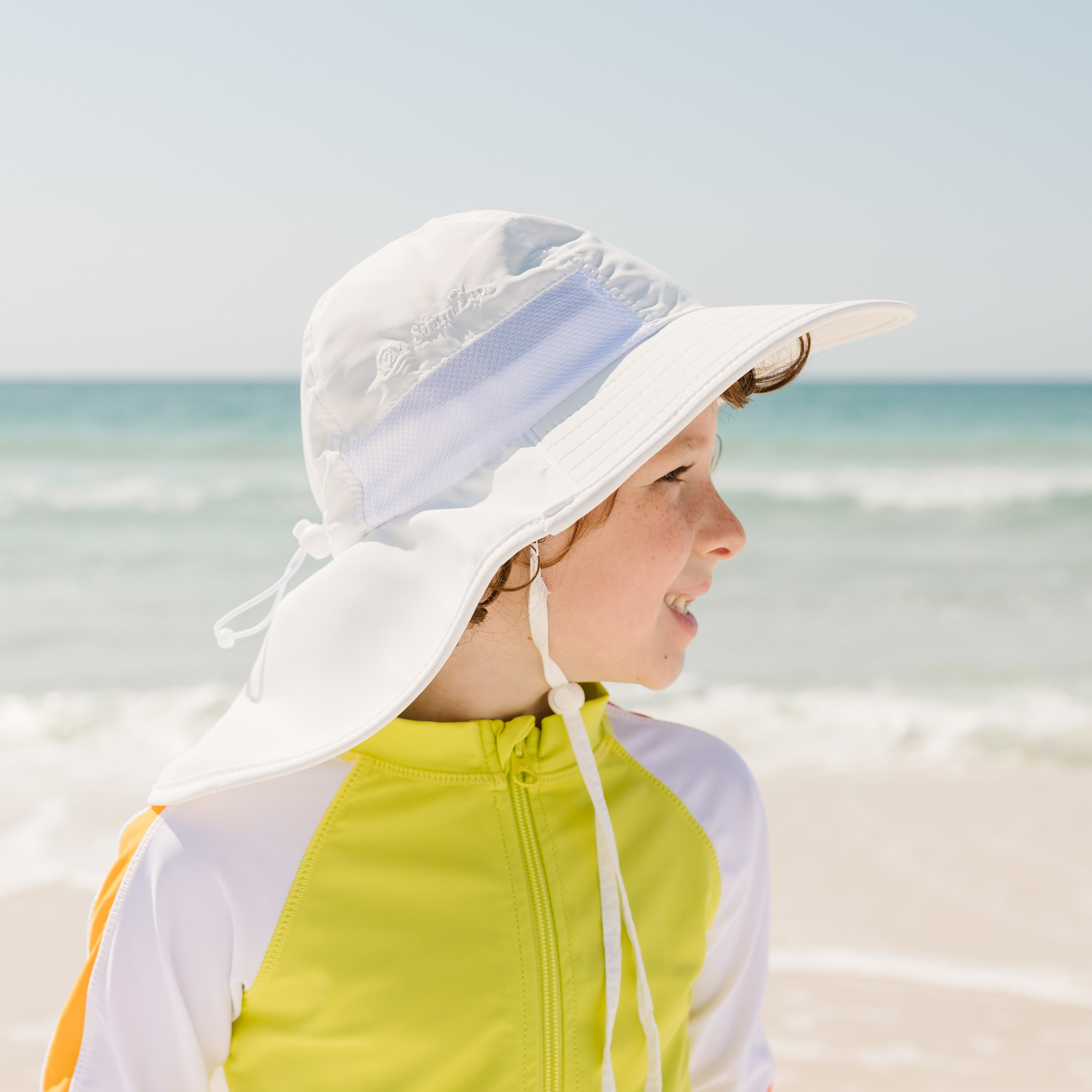 Kids Wide Brim + Flap Neck Sun Protective Adventure Hat - White-SwimZip UPF 50+ Sun Protective Swimwear & UV Zipper Rash Guards-pos5