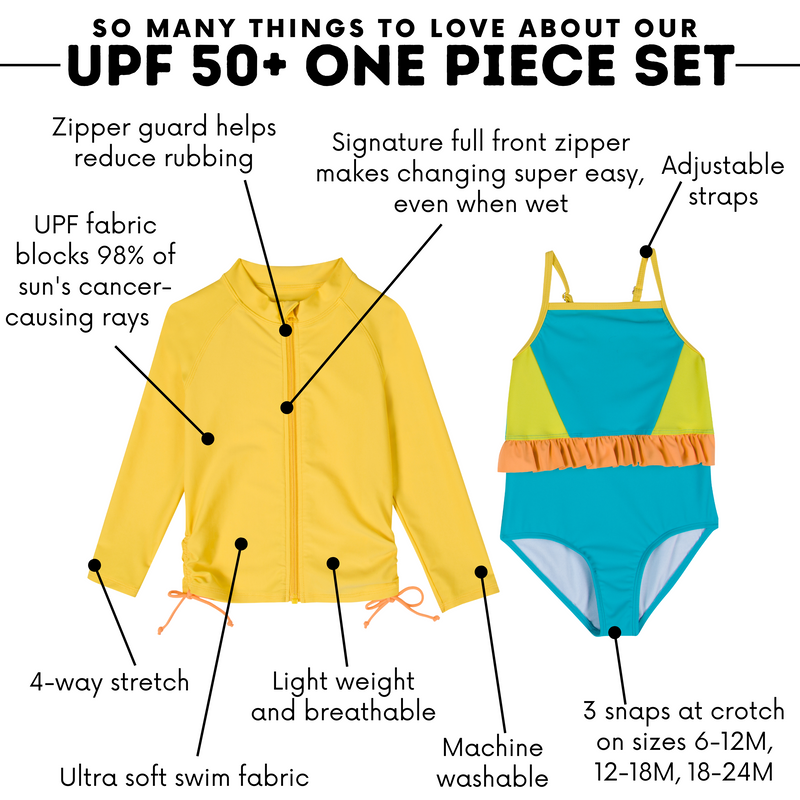Girls One-Piece Swimsuit + Long Sleeve Rash Guard Set (2 Piece) | "Color Pop"-SwimZip UPF 50+ Sun Protective Swimwear & UV Zipper Rash Guards-pos4