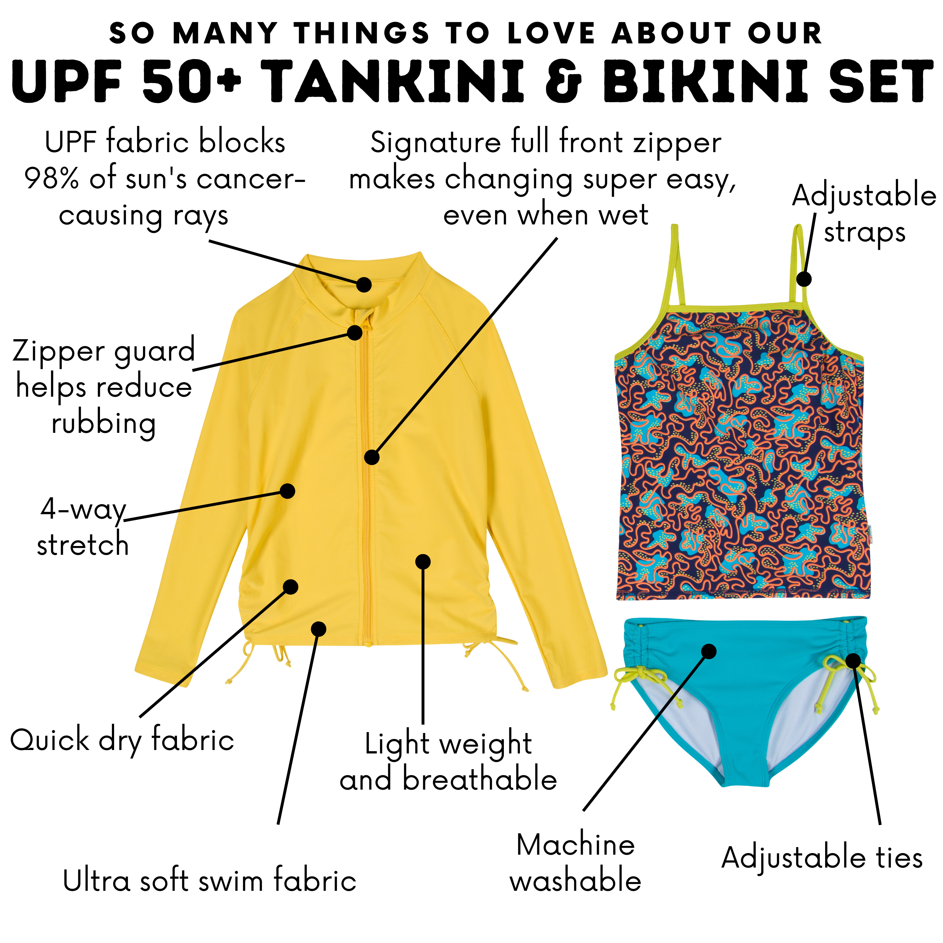 Girls Long Sleeve Rash Guard + Tankini Bikini Set (3 Piece) | Deep Dive