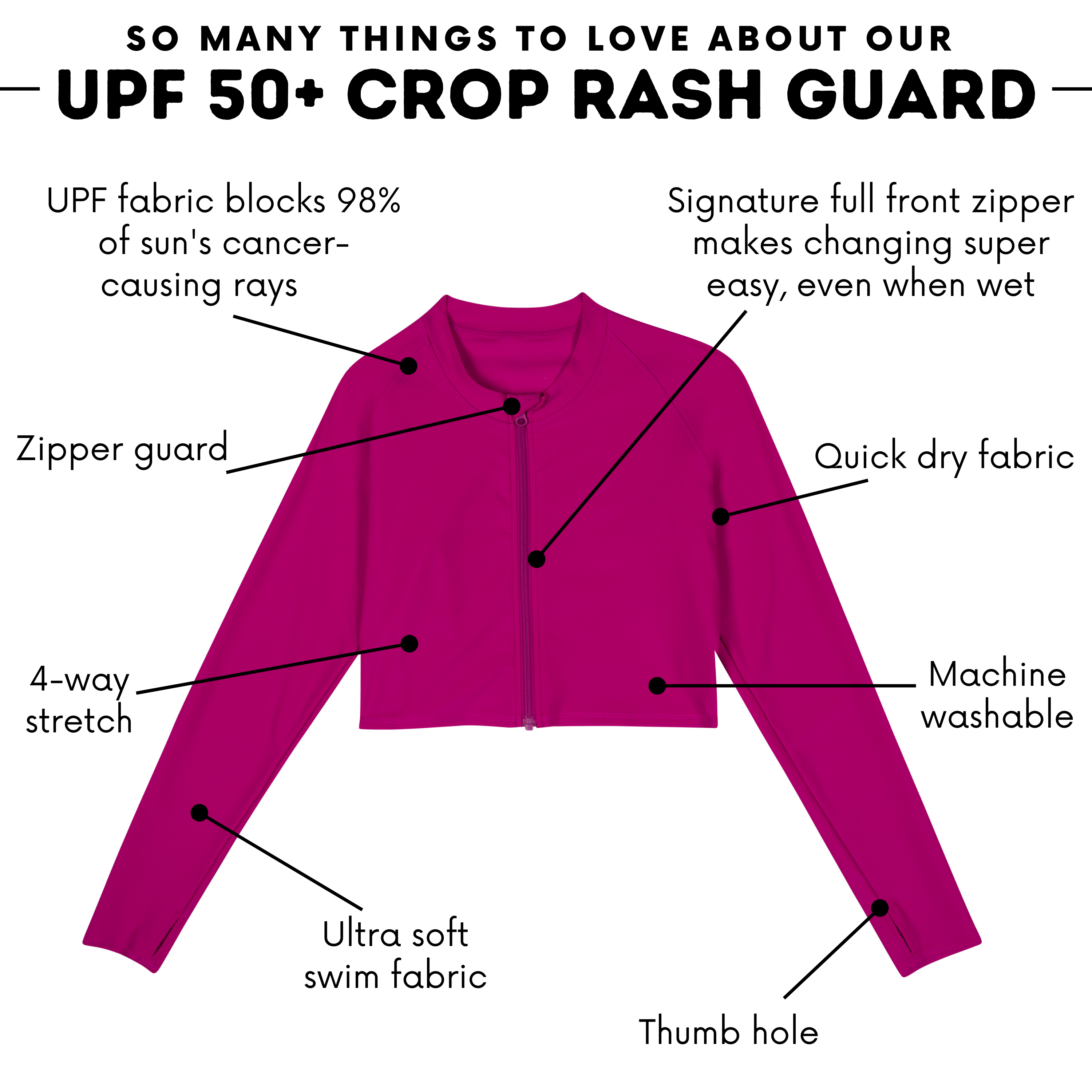 Women's Long Sleeve Crop Rash Guard | “Fuchsia”-SwimZip UPF 50+ Sun Protective Swimwear & UV Zipper Rash Guards-pos4