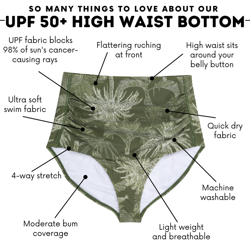 Women's High Waist Bikini Bottoms Ruched | "Hawaiian Rainforest"-SwimZip UPF 50+ Sun Protective Swimwear & UV Zipper Rash Guards-pos4