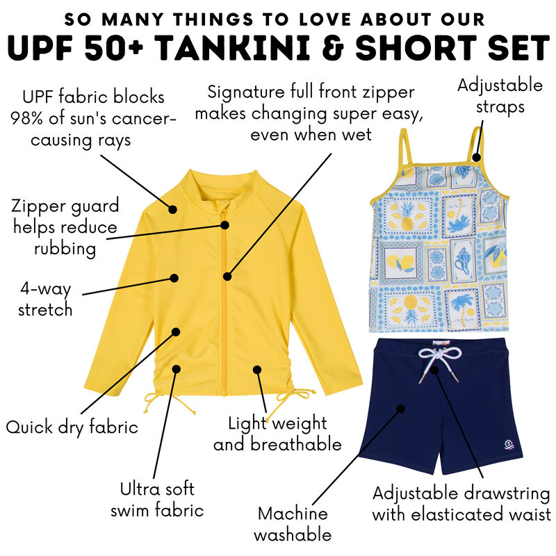 Girls Long Sleeve Rash Guard + Tankini Shorts Set (3 Piece) | "Mediterranean Lemons"-SwimZip UPF 50+ Sun Protective Swimwear & UV Zipper Rash Guards-pos4