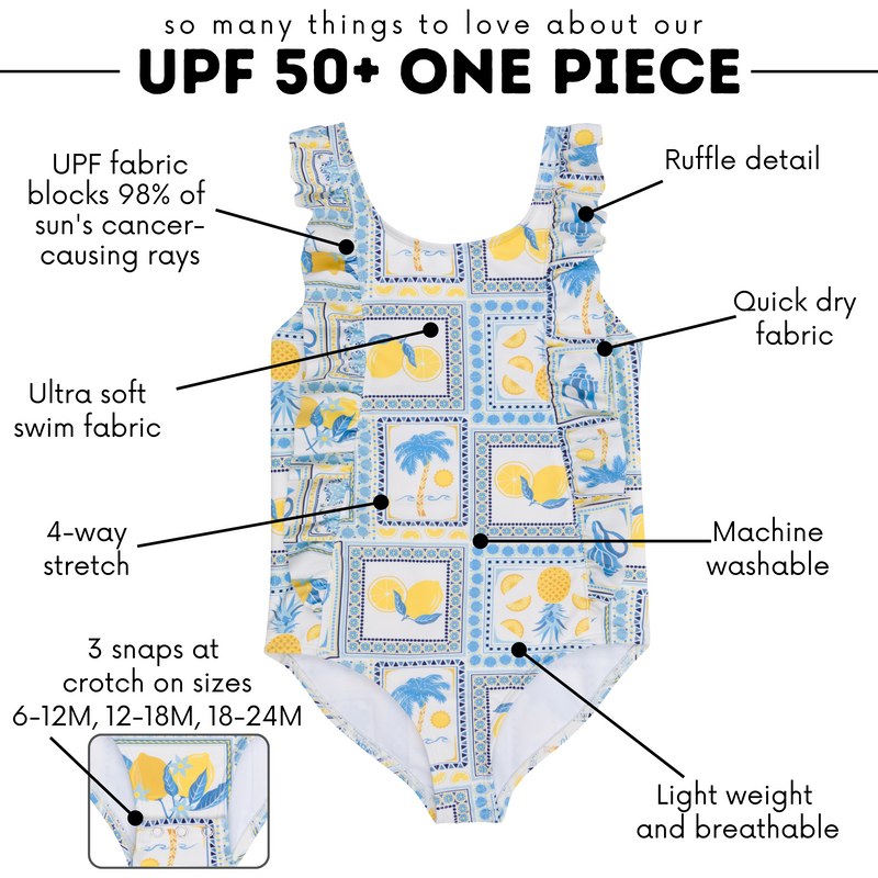 Girls Ruffle One-Piece Swimsuit | "Too Sweet" Mediterranean Lemons-SwimZip UPF 50+ Sun Protective Swimwear & UV Zipper Rash Guards-pos4