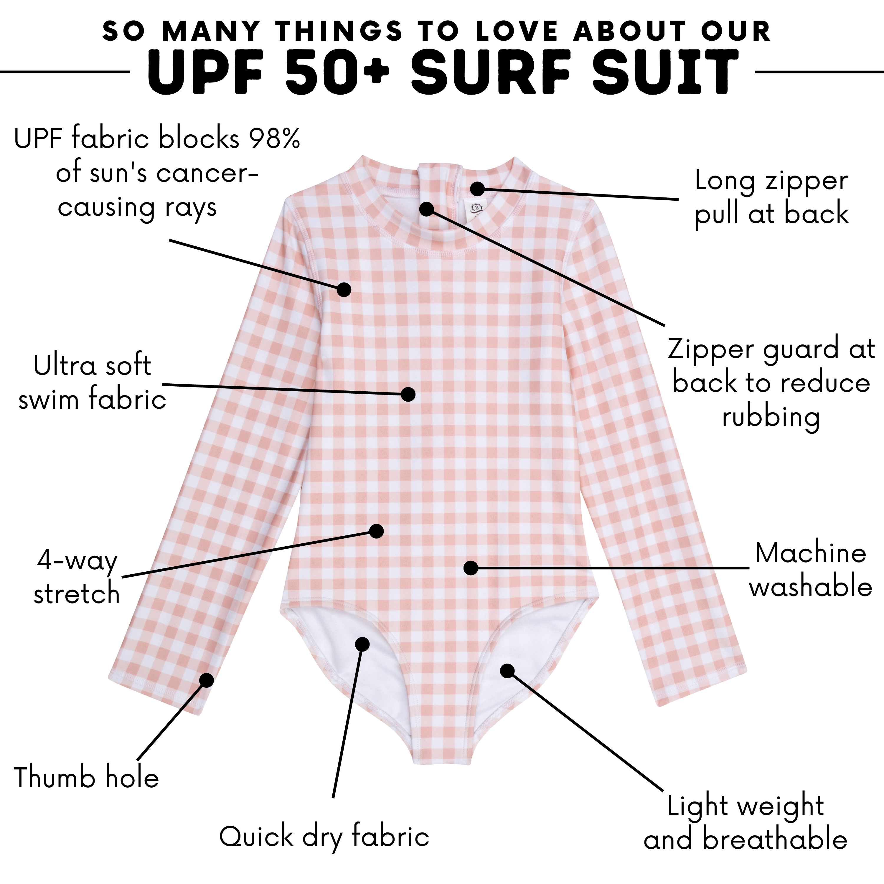 Girls Long Sleeve Surf Suit (One Piece Bodysuit) | "Pink Gingham"-SwimZip UPF 50+ Sun Protective Swimwear & UV Zipper Rash Guards-pos4