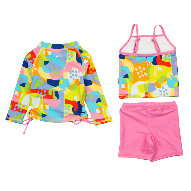 Girls Long Sleeve Rash Guard + Tankini Shorts Set (3 Piece) | "Joyful"-SwimZip UPF 50+ Sun Protective Swimwear & UV Zipper Rash Guards-pos4