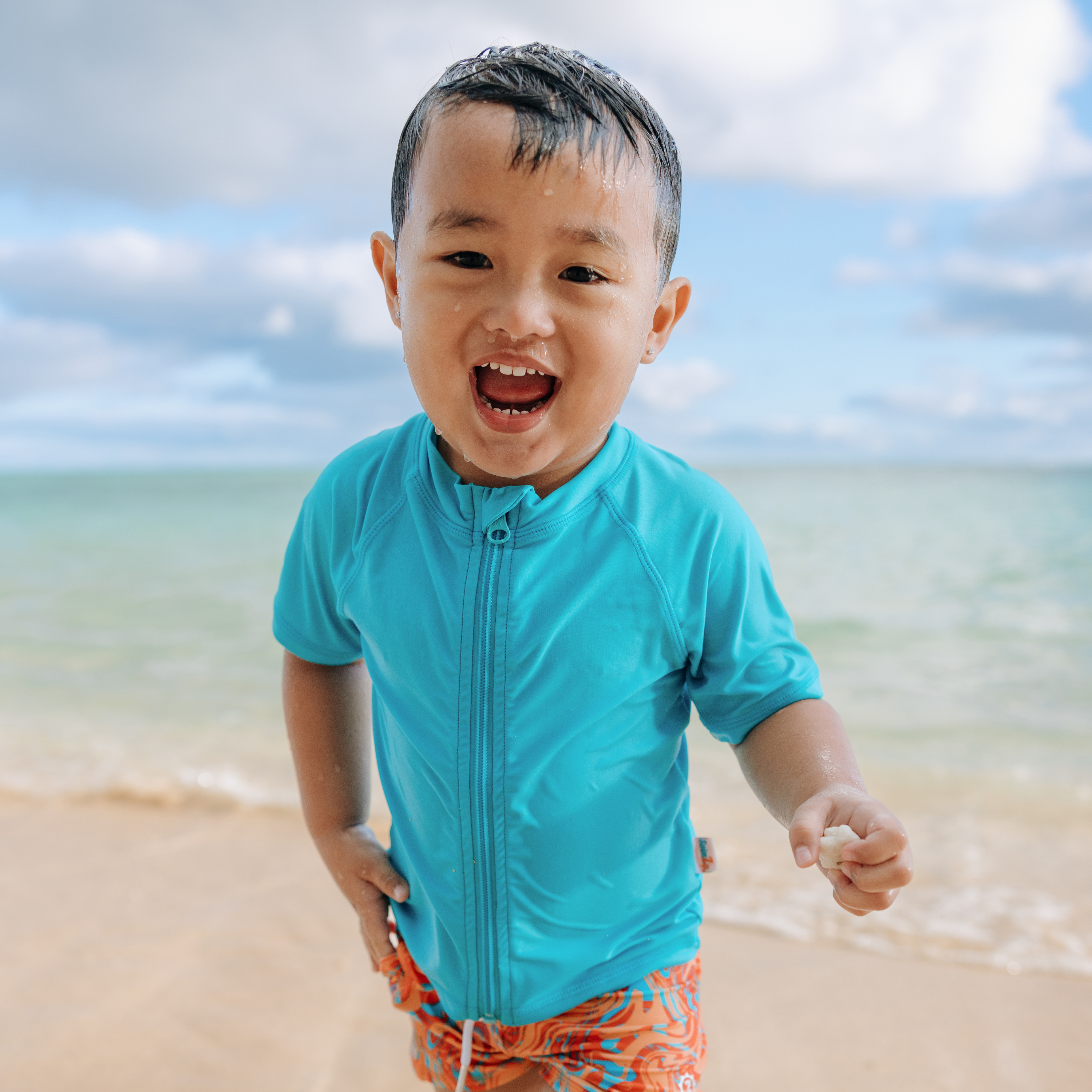 Kids Short Sleeve Zipper Rash Guard Swim Shirt | “Scuba Blue”
