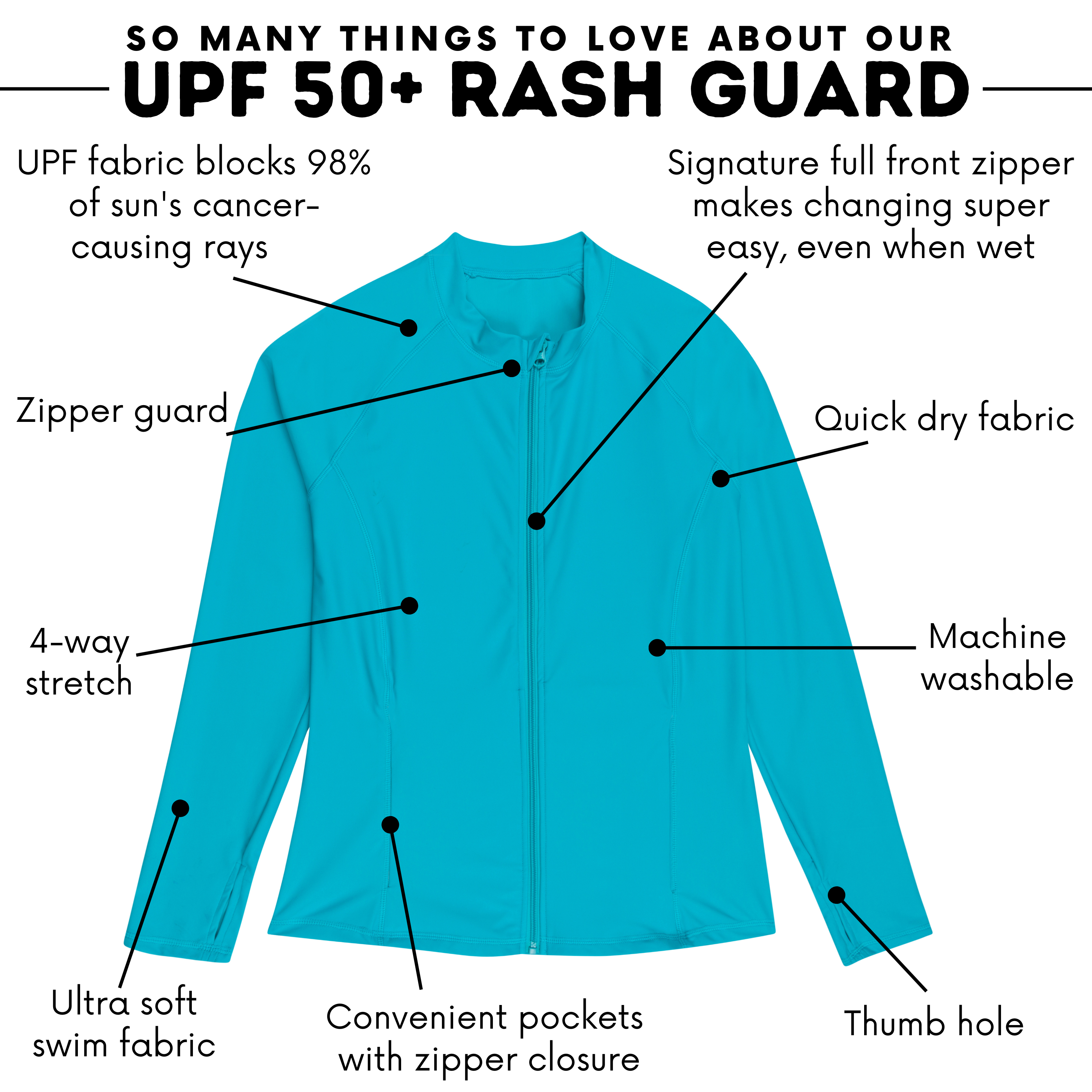 SwimZip Women's Long Sleeve Rash Guard - Black - UPF 50 Sun Protection