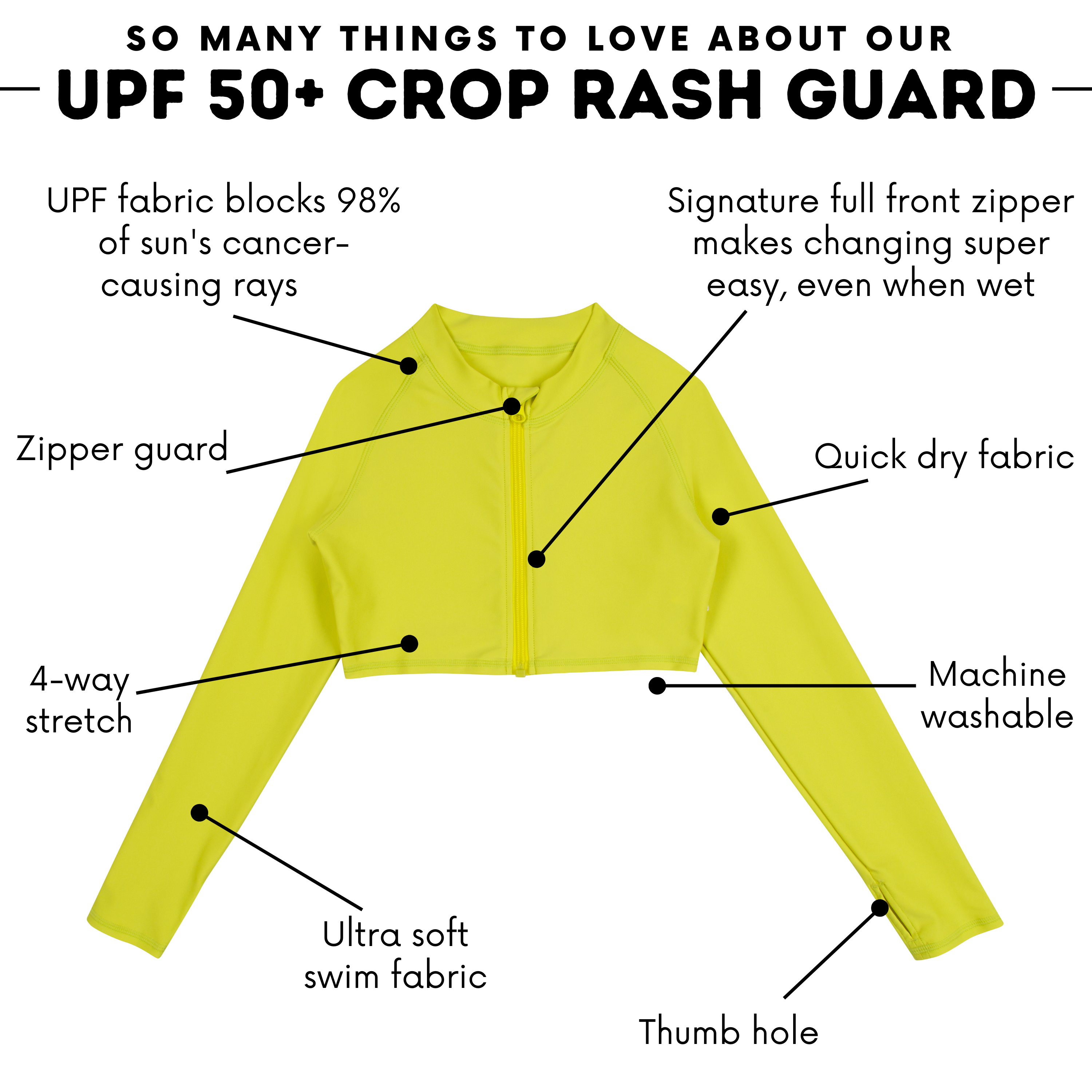 Girls Long Sleeve Crop Rash Guard | "Sulphur Yellow"-SwimZip UPF 50+ Sun Protective Swimwear & UV Zipper Rash Guards-pos4