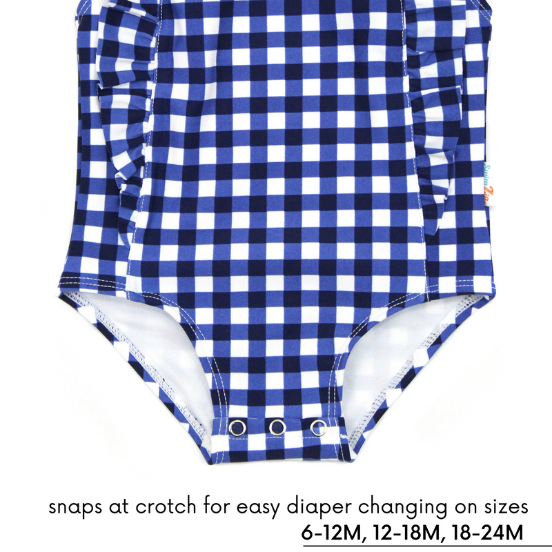 Girls Ruffle One-Piece Swimsuit | "Too Sweet" Navy Gingham-SwimZip UPF 50+ Sun Protective Swimwear & UV Zipper Rash Guards-pos4