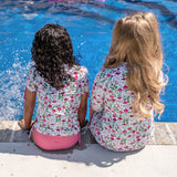 Girls Long Sleeve Swim Dress Cover Up | "Floral Garden"-SwimZip UPF 50+ Sun Protective Swimwear & UV Zipper Rash Guards-pos9