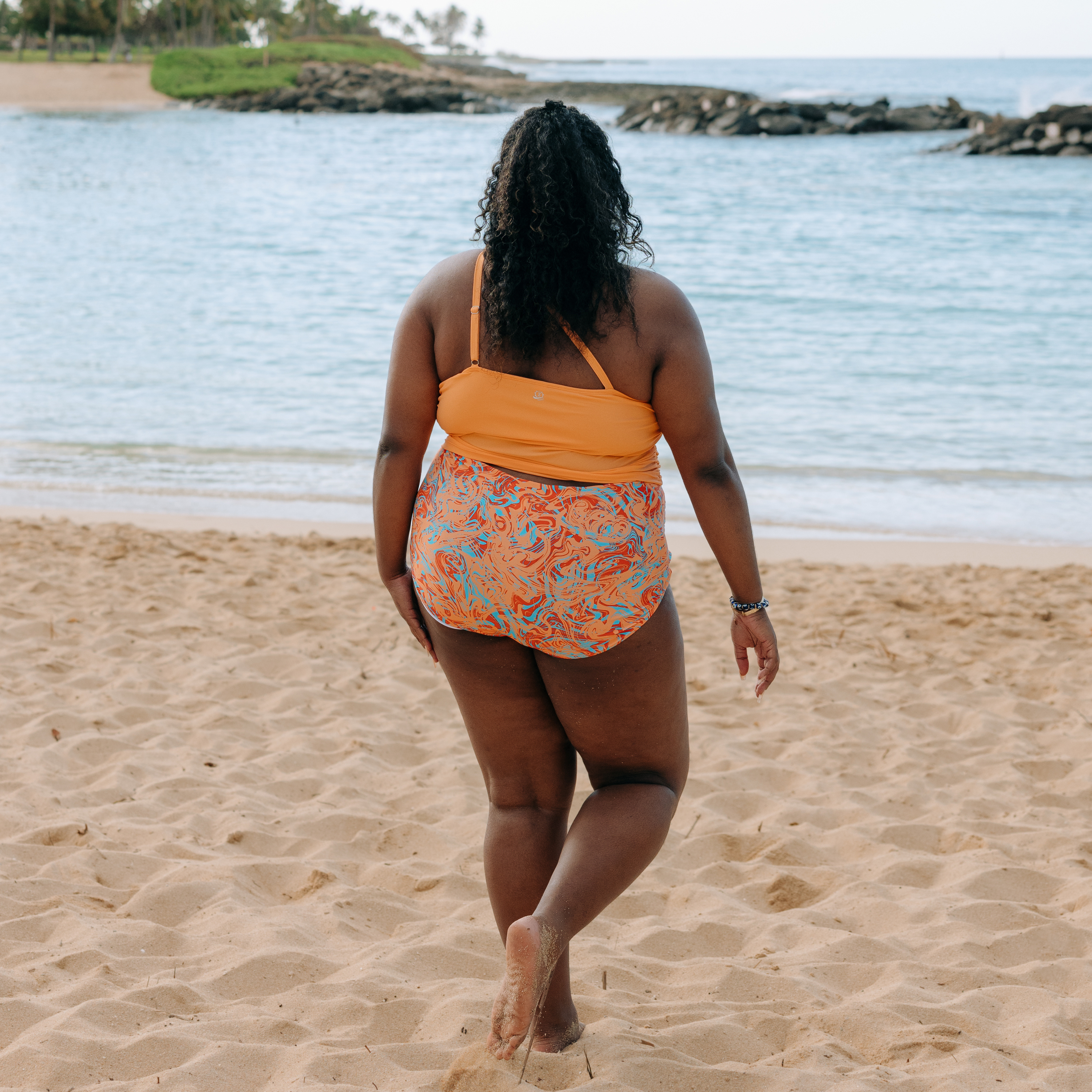 Women’s One Shoulder Crop Tankini Top | “Paradise Orange”-SwimZip UPF 50+ Sun Protective Swimwear & UV Zipper Rash Guards-pos5