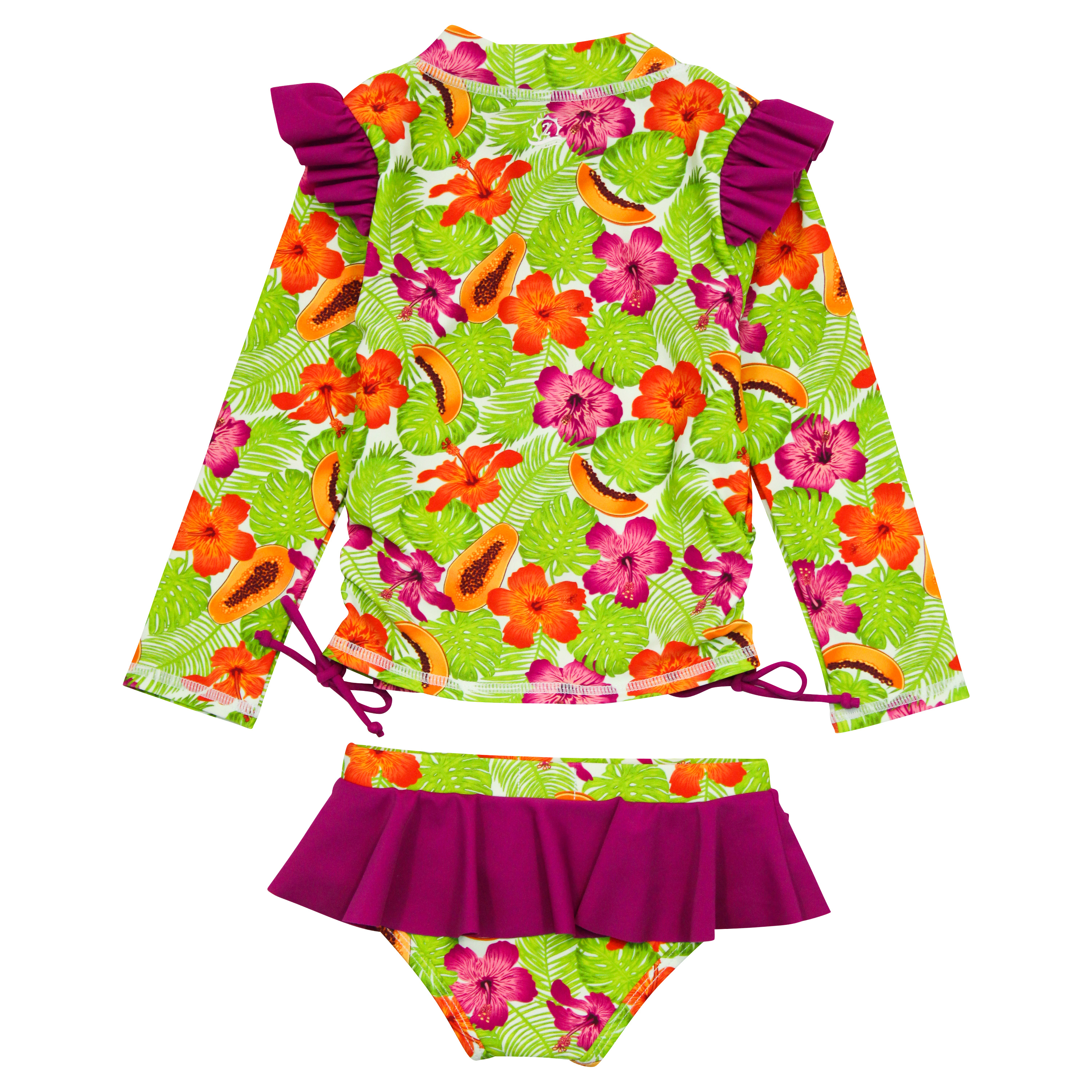 Girls Long Sleeve Rash Guard Ruffle Bottom Swimsuit Set (2 Piece) | "Hibiscus"-SwimZip UPF 50+ Sun Protective Swimwear & UV Zipper Rash Guards-pos5