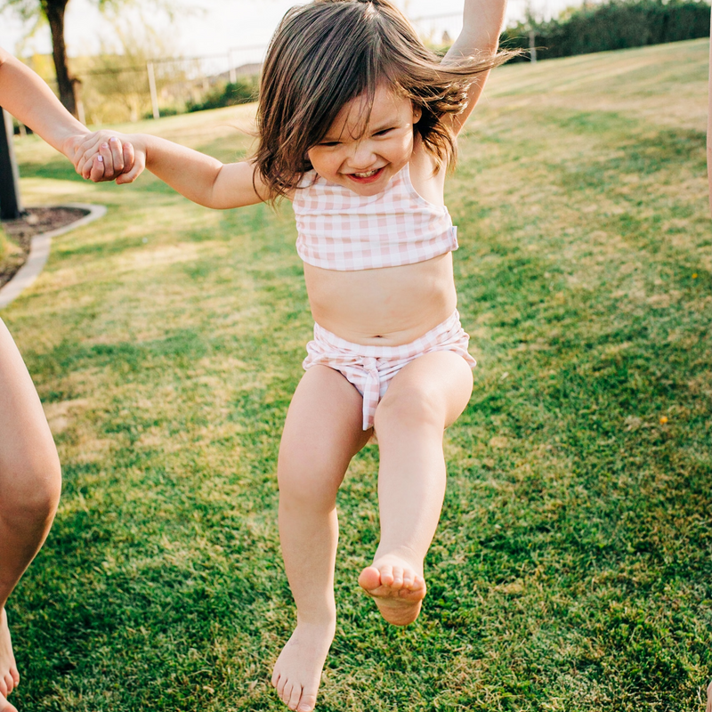 Girls Halter Top High-Waisted Set (2 Piece) | "Tied with a Bow" Pink Gingham-SwimZip UPF 50+ Sun Protective Swimwear & UV Zipper Rash Guards-pos9