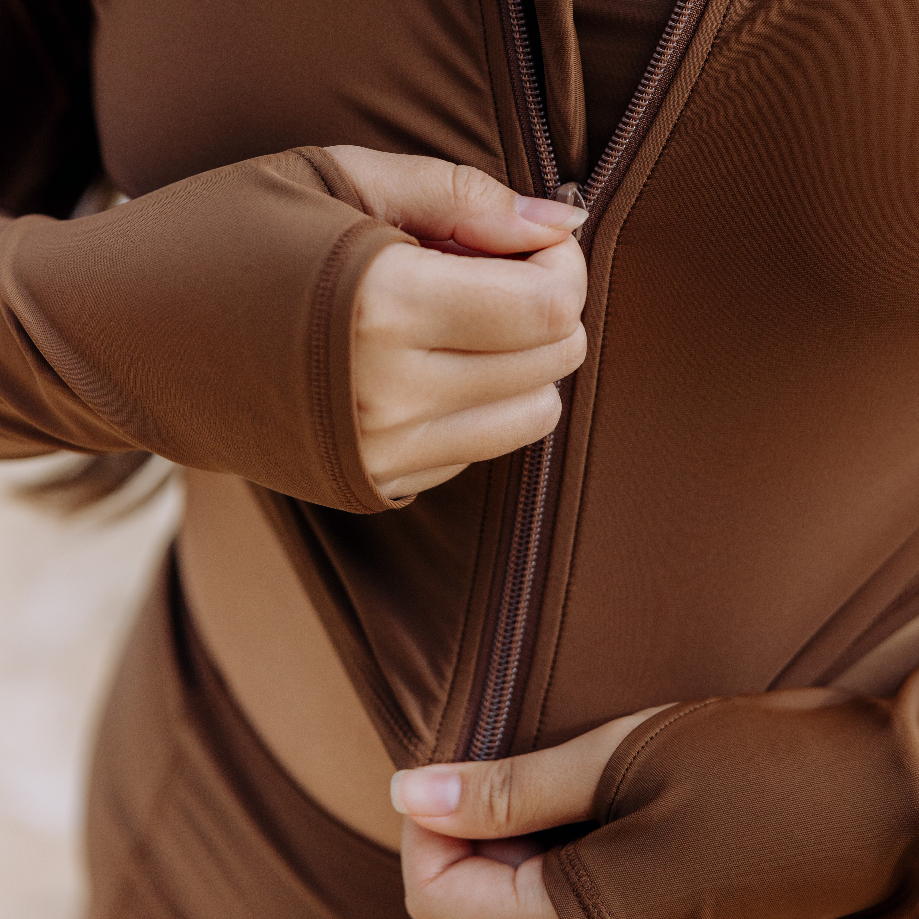 Women's Long Sleeve Crop Rash Guard | “Cold Brew”-SwimZip UPF 50+ Sun Protective Swimwear & UV Zipper Rash Guards-pos6